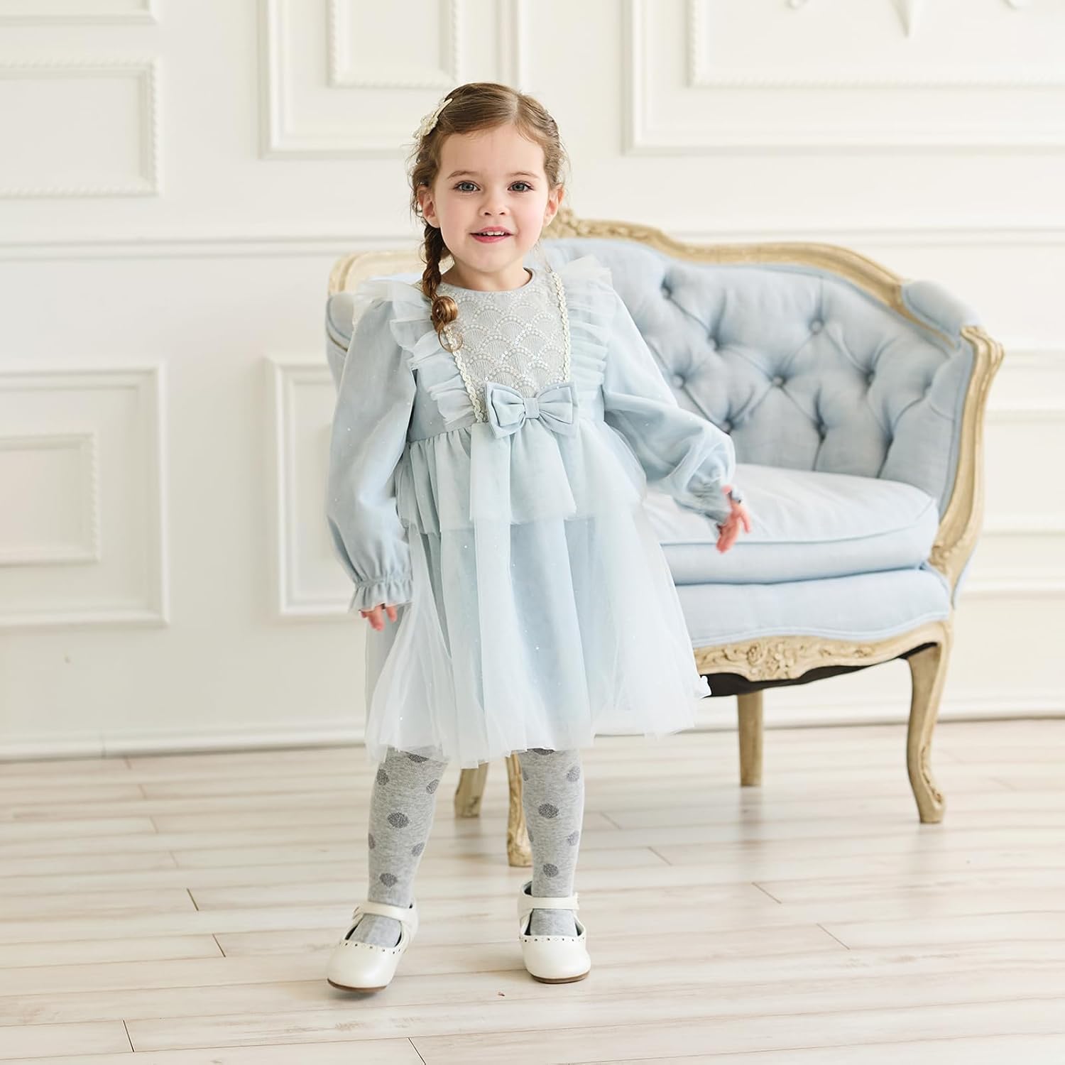 DAVE&BELLA Baby Girls Tulle Dress Long Sleeve Ruffed A-Line Princess Dress Flower Girl Embroidery Bowknot Wedding Party Dress - Image 2
