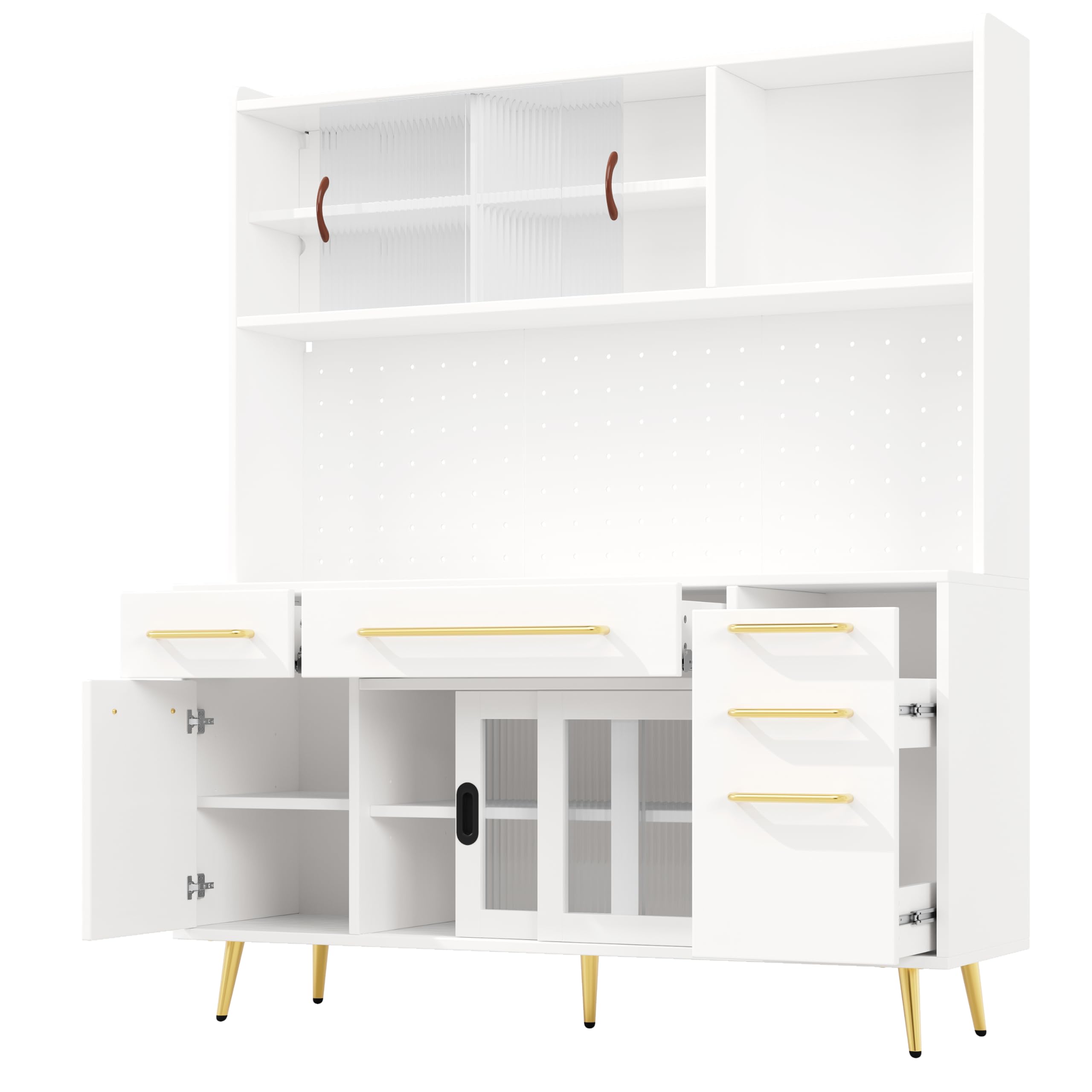 Credenza bianca 145 × 39 × 171 cm, armadio alto per cucina e soggiorno, armadietto con parete forata, cassetto e porta in vetro