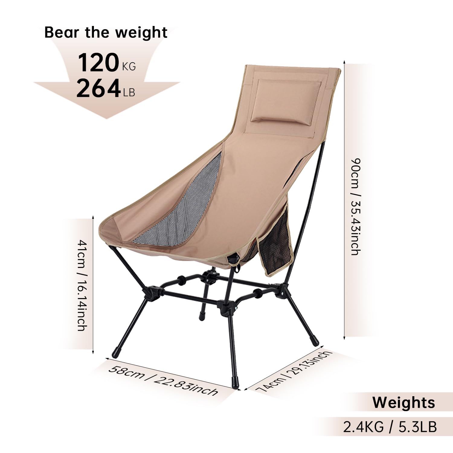 Sedie Campeggio Pieghevoli, Leggera Sedia da Campeggio, Sedia Pieghevole Portatile con Custodia Laterale,Max 150kg, Sedia Leggera per Campeggio, Pesca, Picnic, Festival (Cachi)