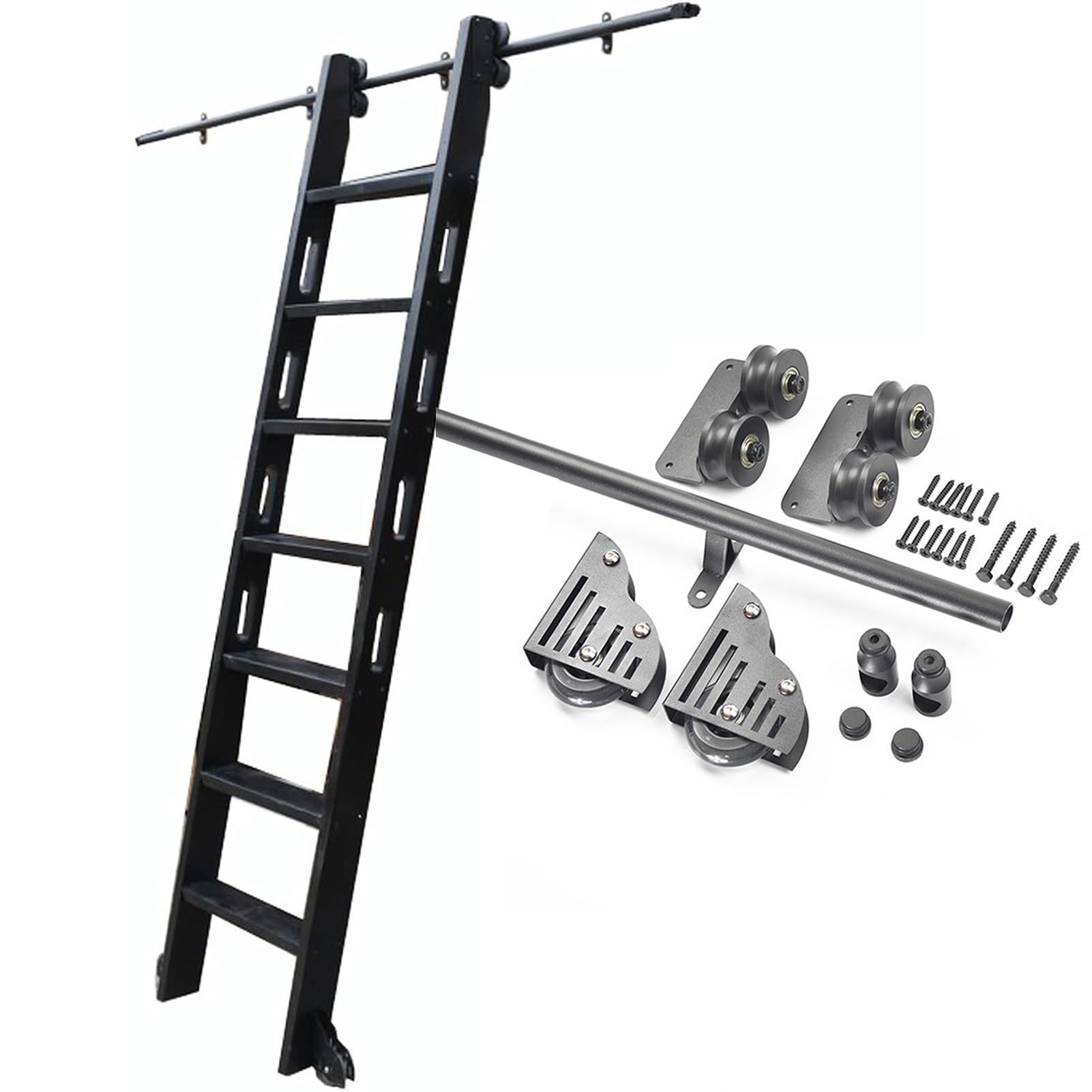 DFGHNBVC Rolling Library Ladder Hardware Kit, Sliding Library Ladder Hardware Kit Black Round Tube Track/Rail, Rolling Ladder Track Kit Mobile Ladder Track, Floor Rollers With Br,10Ft/300Cm Track Kit