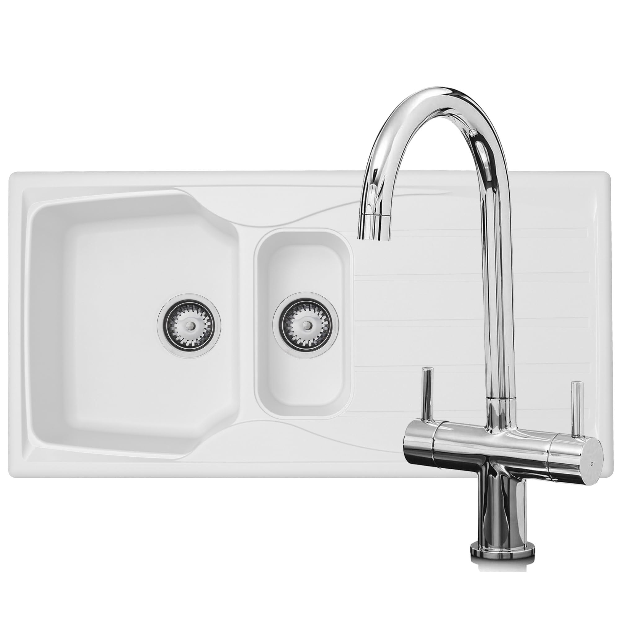 Liquida White Cmp15wh 1.5 Bowl Kitchen Sink With W03ch Chrome Mixer Tap