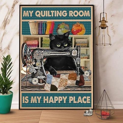 QKIODS Metal Sign My Quilting Room Is My Happy Place Retro Metal Tin Sign Vintage Sign Sewing Room Wall Art Craft Room Decor 8x12 inch