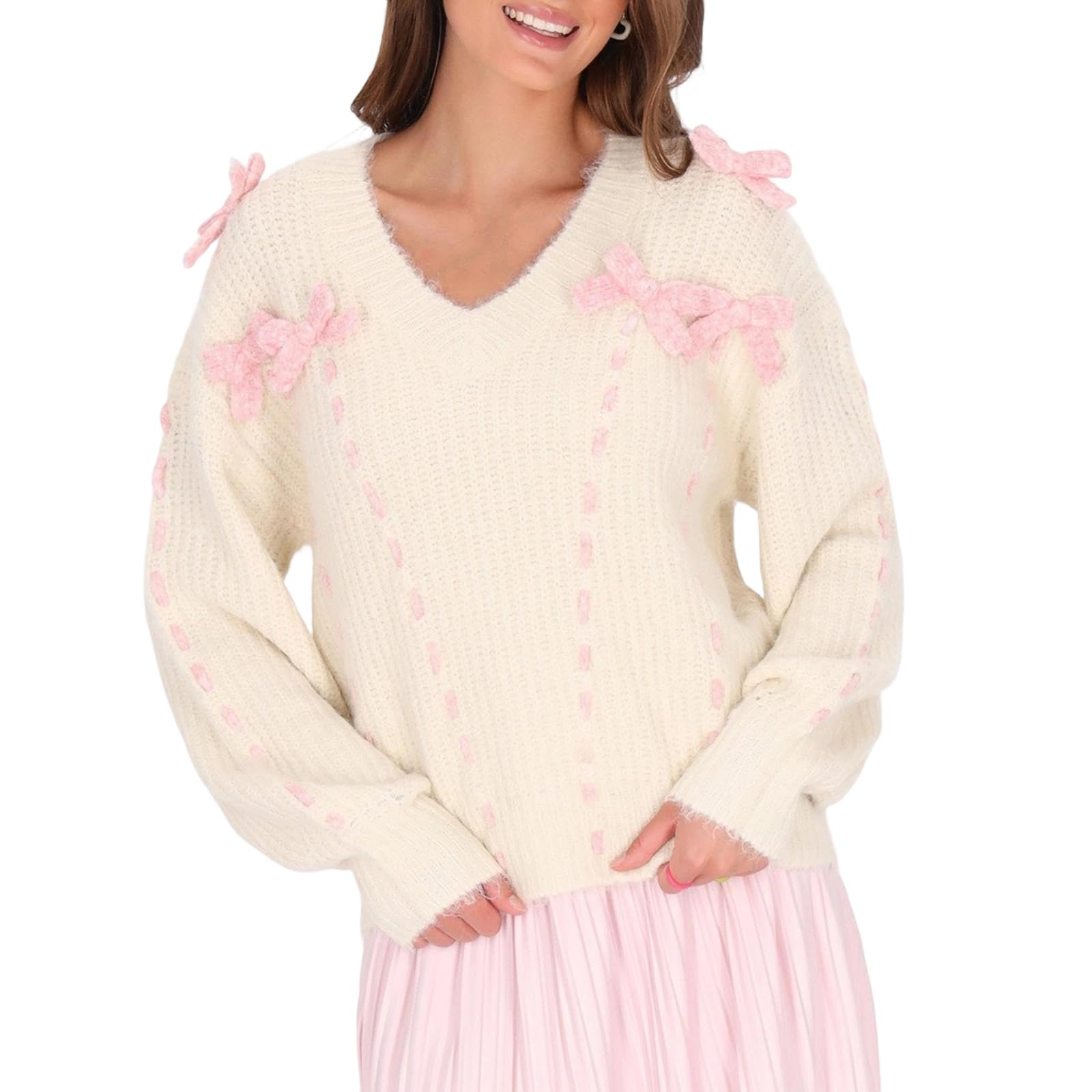 Women Y2k Bow Sweater Cute Long Sleeve Bowknot Cable Knit Pullover Top Casual Oversized Preppy Soft Knitwear