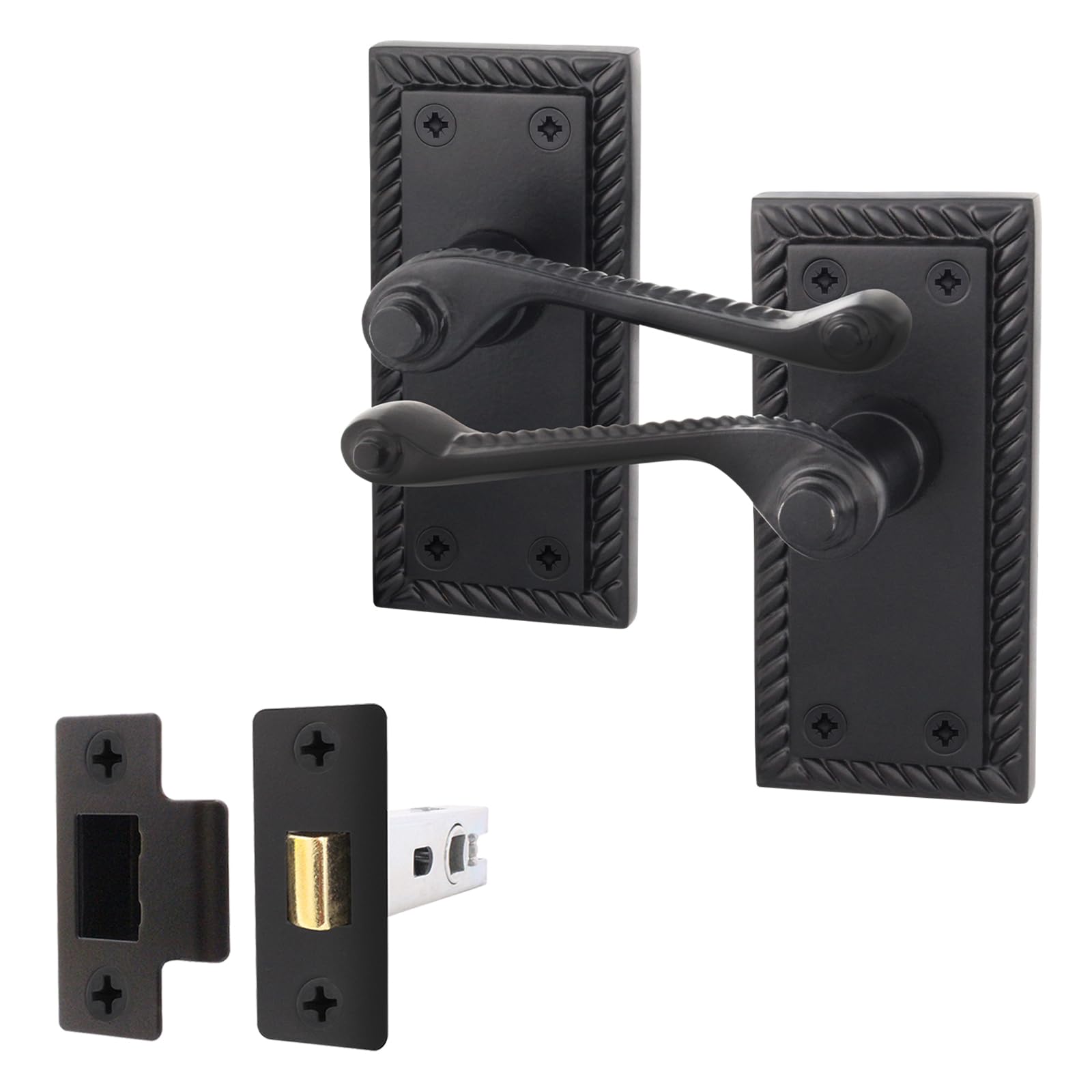 EAI Matt Black Door Handles with Latch 64mm - Rope Scroll