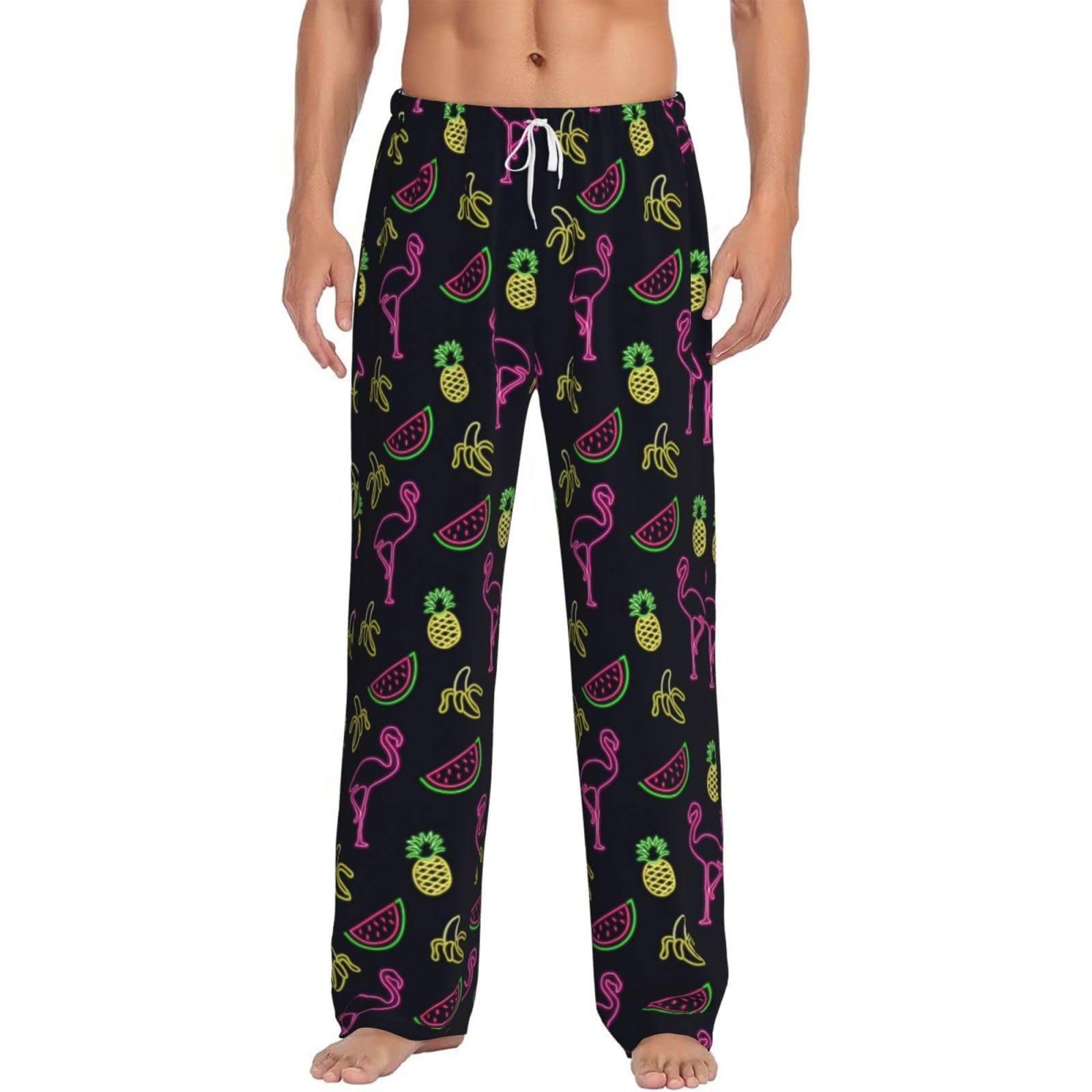 Sdegtho Men's White Pineapple Banana Flamingo Pajama Pants Soft Light Long Sleep Bottoms Pj With Drawstring And Pockets