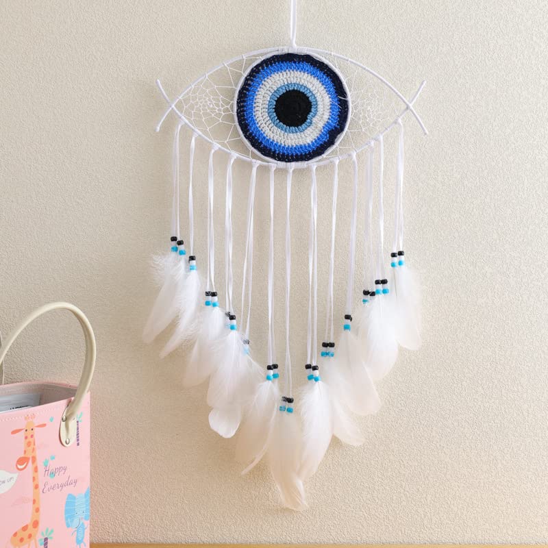 THE WHITE SHOP Evil Eye Dream Catchers - White Dream Catcher for Bedroom Handmade Evil Eye Macrame Wall Hanging for Boho Home Decor Room Decor, Protection Good Luck Blessing Festival Gift/White