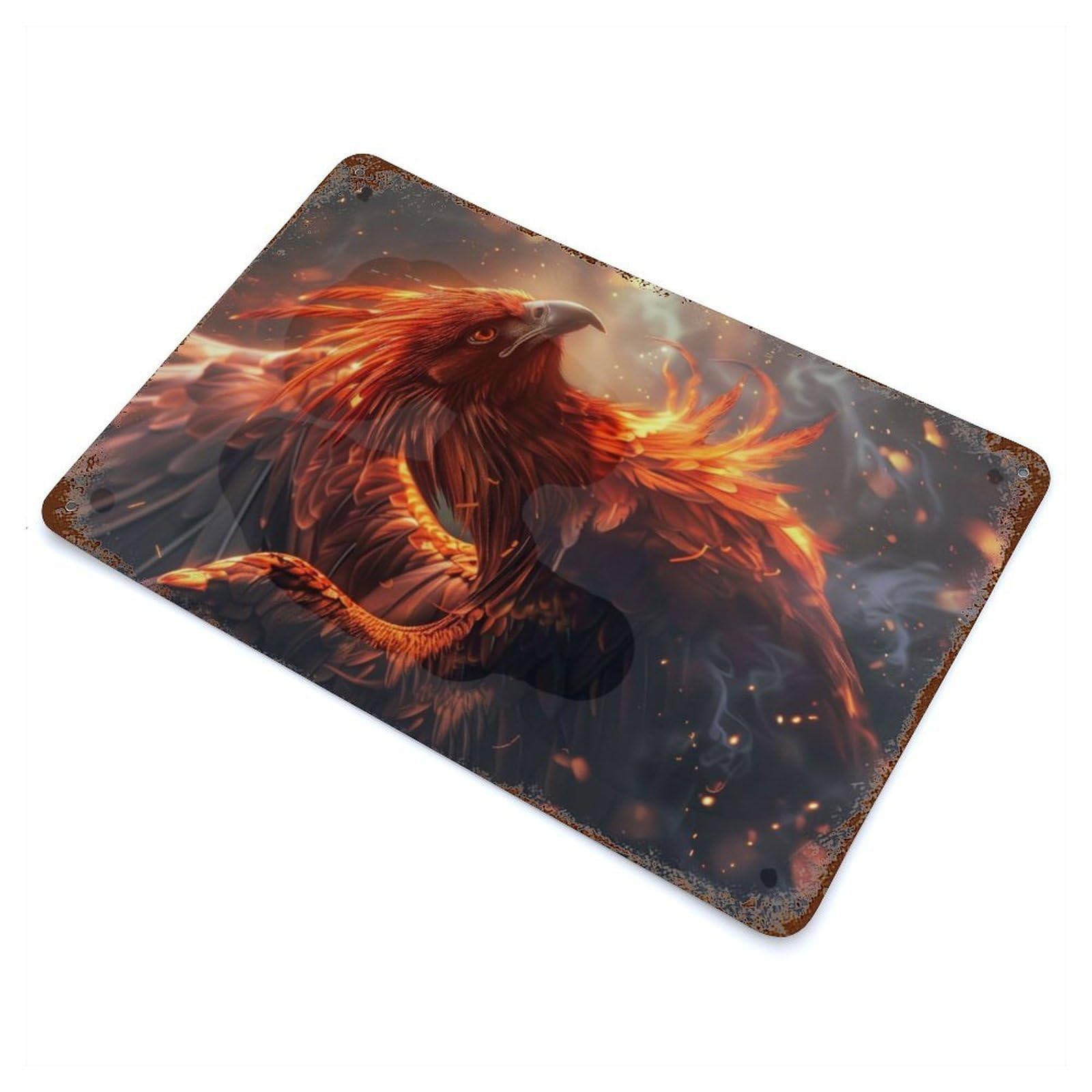 Fire Phoenix Aged Metal Wall Plaque 11.8"x7.9", Old School Wall Decor for Garage, Bar And Workshop Decor