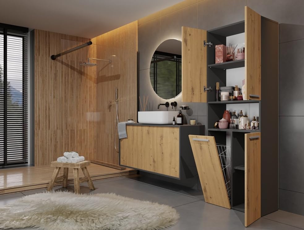 BDW Mobile da Bagno Con 4 Porte, Mobiletto Alto Mensola 174 x 60 x 30 cm NEL 1K/DK (Rovere Antracite/Artisan)