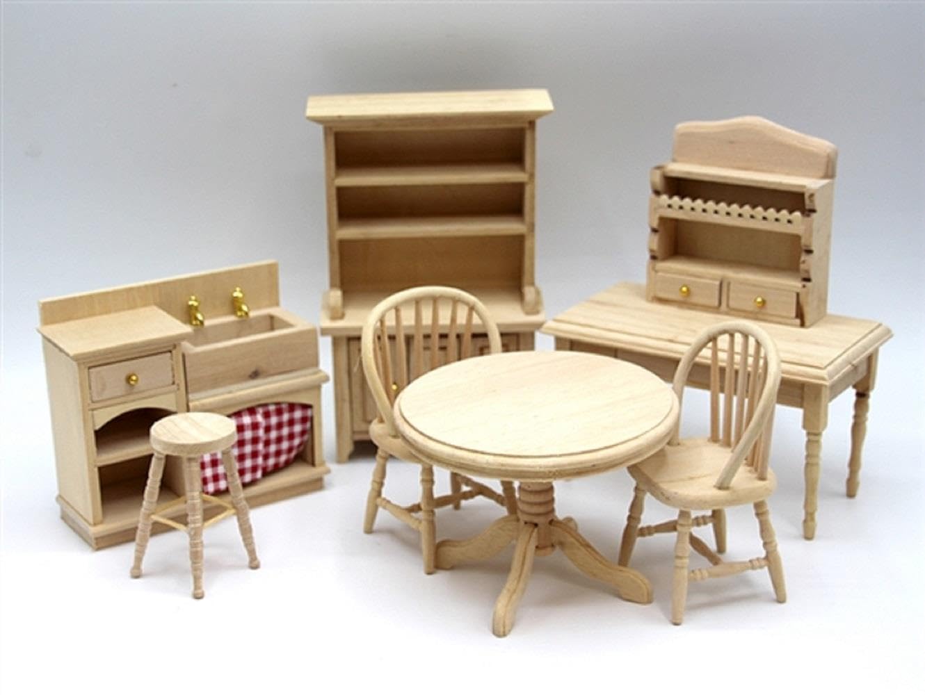 Puppenhaus unvollendete Küchenmöbel Set altmodisches nacktes Holz Maßstab 1:12
