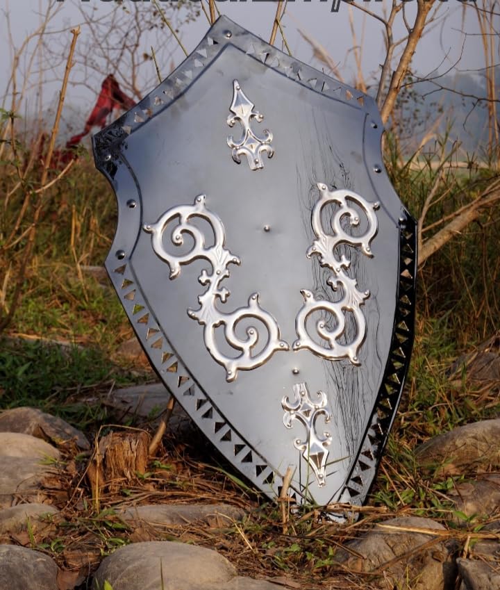 Medieval Knight Shield, Grey Metal with Silver Ornate Design, Decorative Wall Display By VIRTUOUS ANTIGUO ATELIER