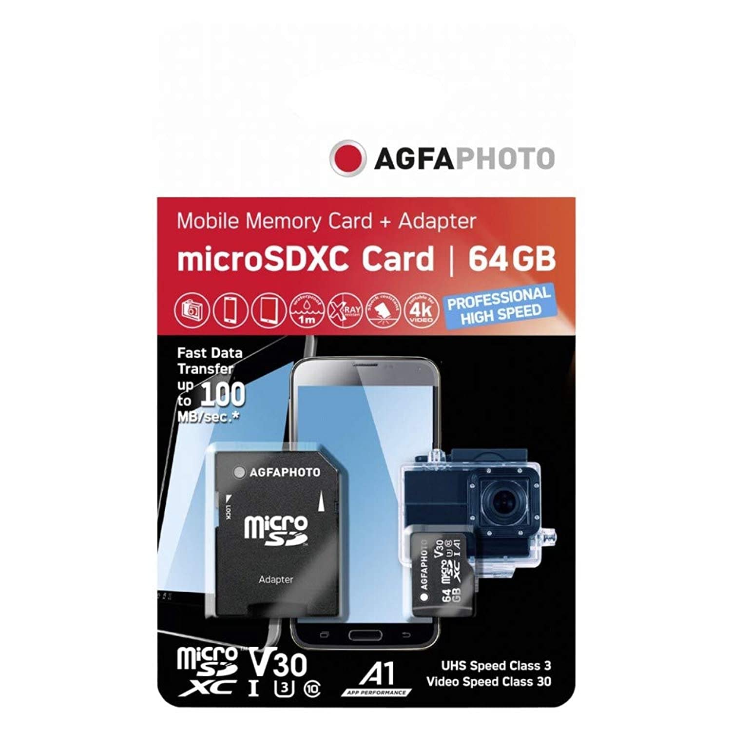Agfaphoto 10582A1 - Tarjeta de Memoria microSDXC Clase 10 UHS-​I U3 V30 (64 GB, microSDXC Class 10 UH