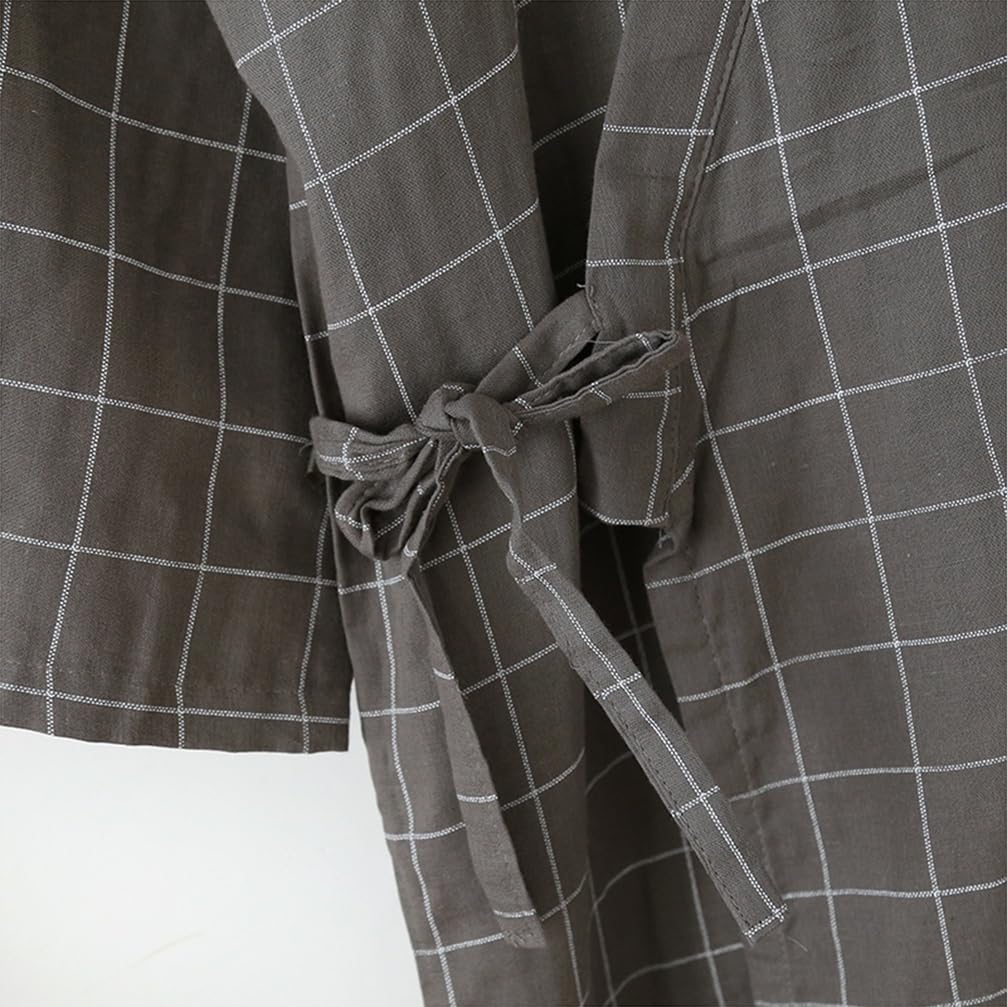 Hombres Algodón Kimono Robe SPA Albornoz Mediados de Longitud Plaid Sleepwear Kimono japonés para Hombres