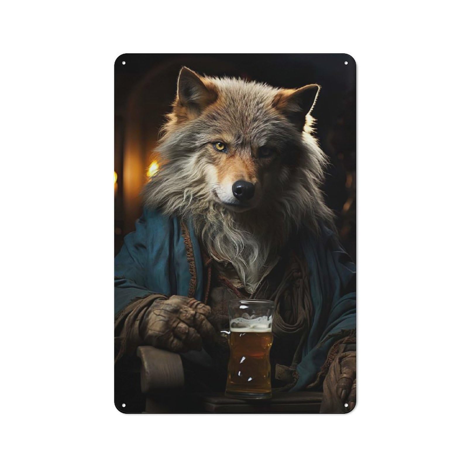 Beer-Sipping Wolf Art Vintage Metal Sign 30x20cm, Bistro Style Shop Wall Decor for Cafe, Bistro, Bakery Or Restaurant