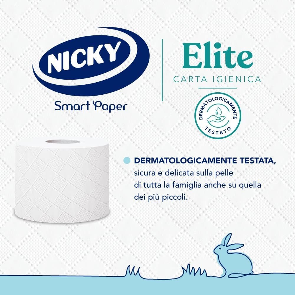 Nicky Elite - 96 Rotoli di Carta Igienica, 150 Soffici Fogli a 3 Veli, Morbida e Resistente a Contatto con la Pelle, Dermatologicamente Testata, Carta 100% Certificata FSC®
