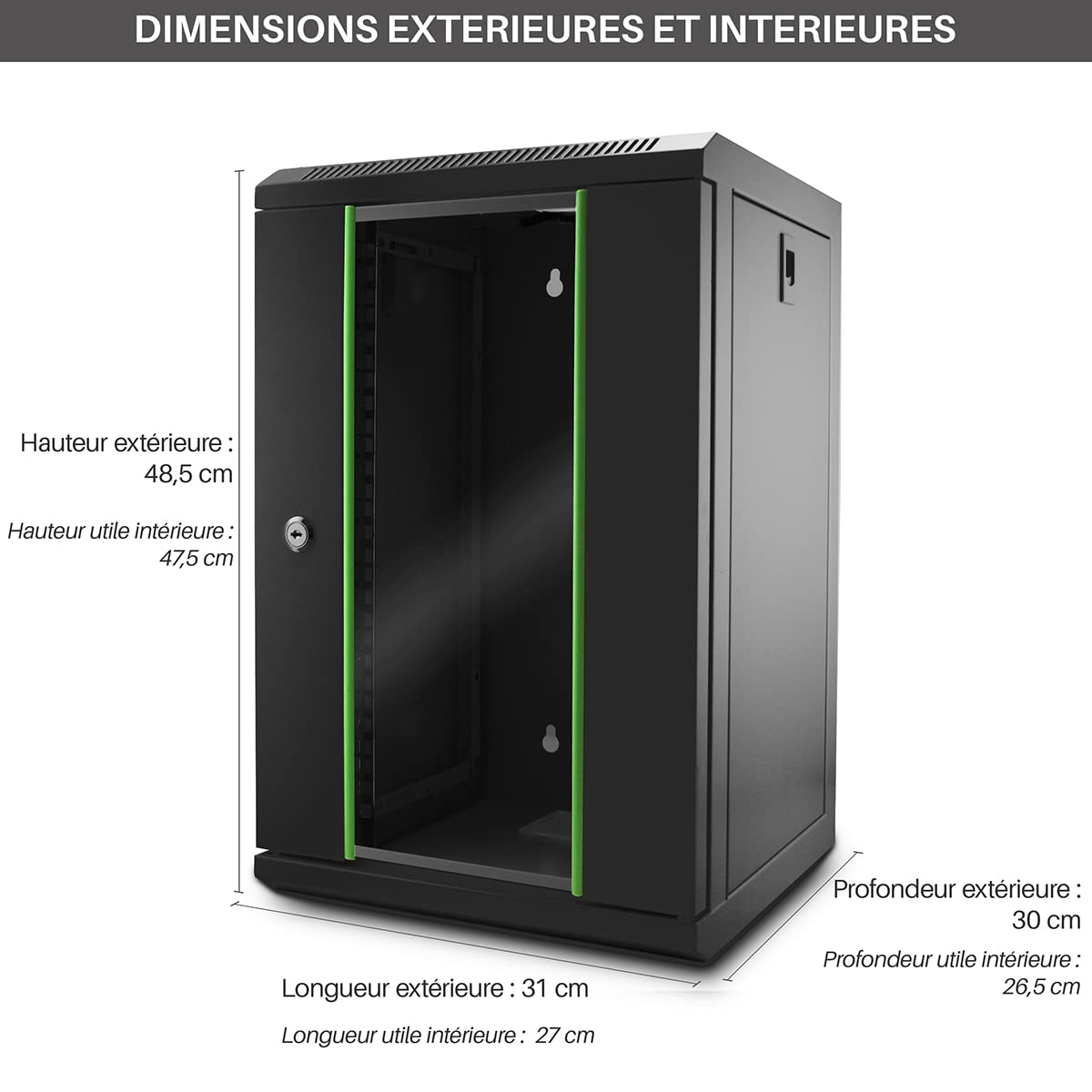 WAYTEX 37484 Mini Coffret Réseau 10 Pouces 9U Baie de Brassage Serveur avec Porte vitrée à Serrure - Noir, Livré monté
