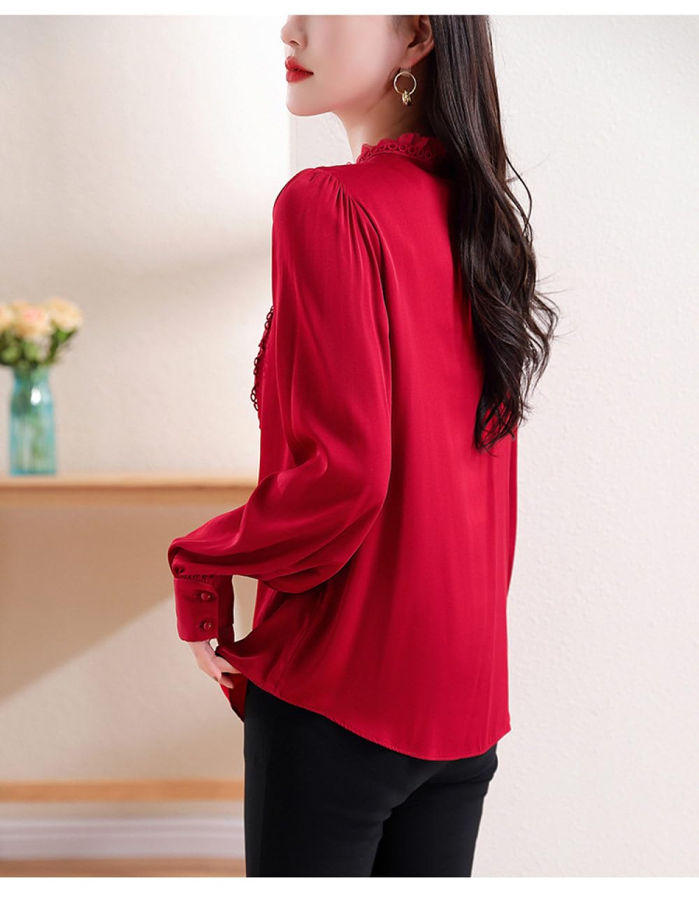 Chemises De Soirée À Manches Longues Et Paillettes Brillantes pour Femmes,Col Montant Rouge,Volants,Chemisier Boutonné,Mode Élégante,Pull Décontracté,Chemises De Travail