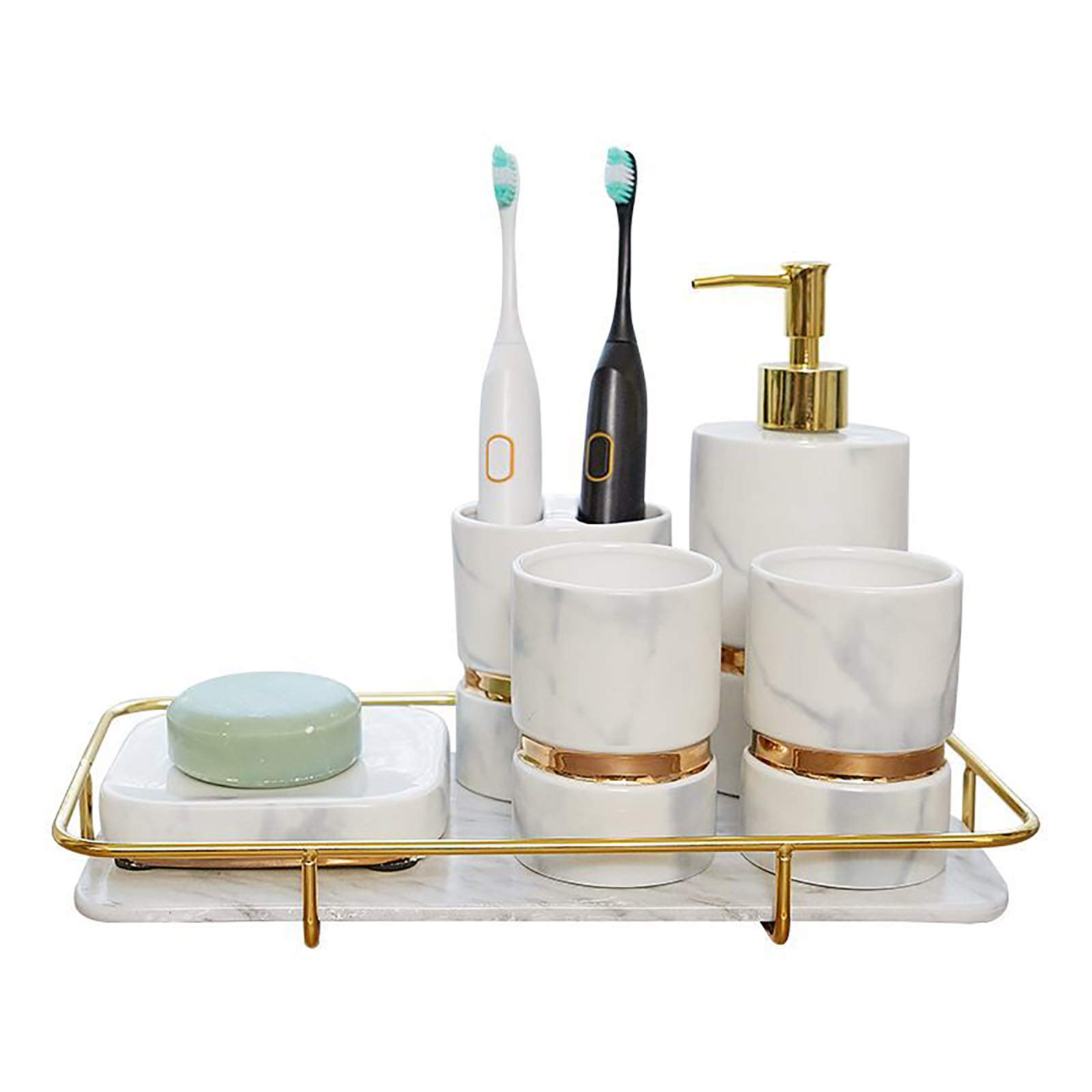 Juego De Accesorios De Baño De Mármol, Juego De Soporte para Cepillos De Dientes De 5 Piezas, Juegos De Encimera De Baño con Dispensador De Jabón, Soporte para Cepillos De Dientes, Vaso Y Jabonera (