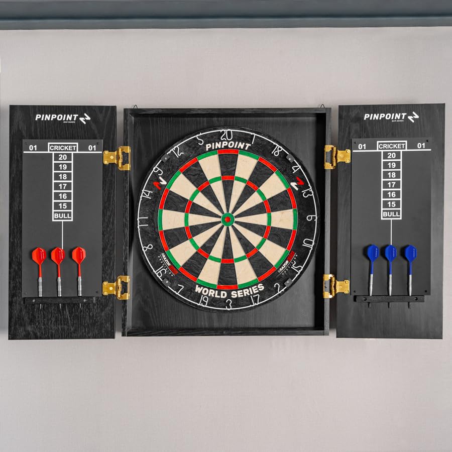 PINPOINT Wall-Mounted Darts Cabinet – Premium MDF Dartboard Cabinet with Professional Sisal Dartboard Options – Ideal for Home, Game Rooms & Social Clubs (Cabinet + Classic DartBoard)