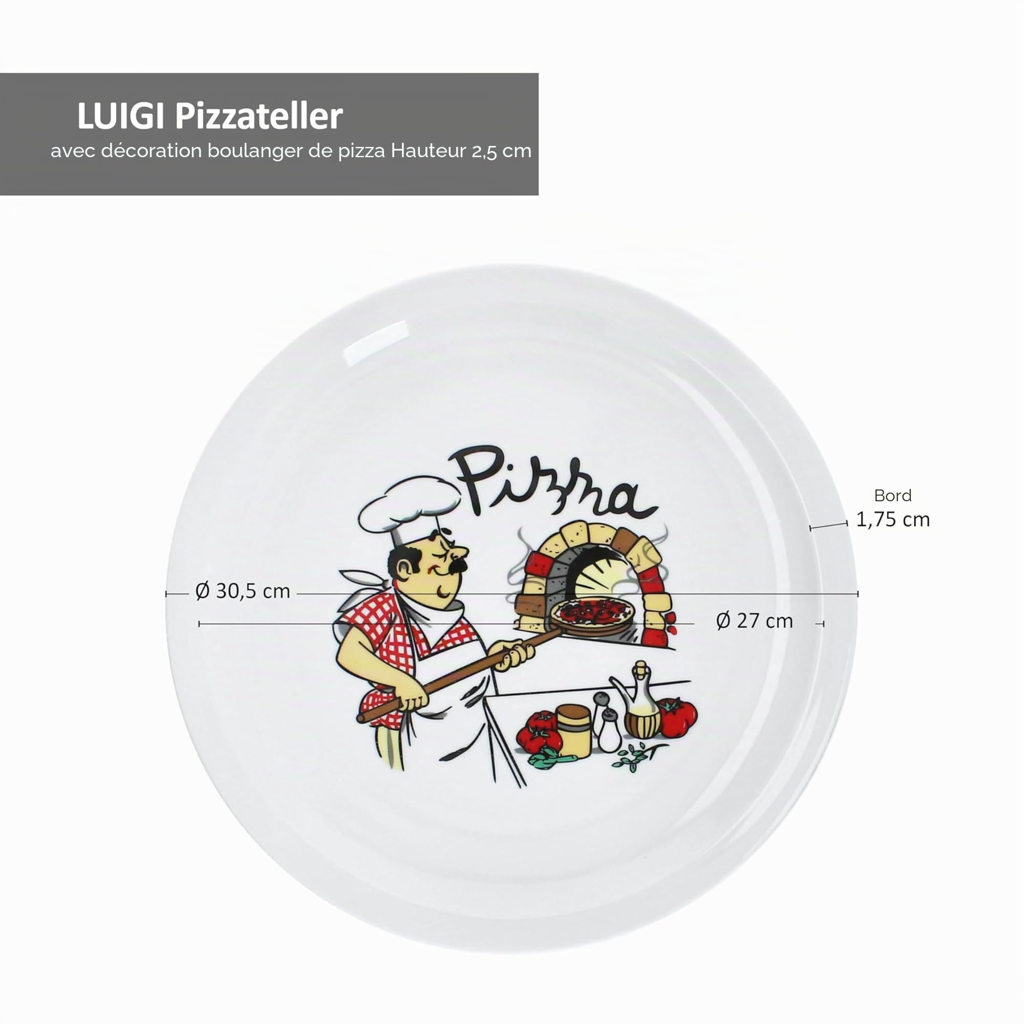 MamboCat Luigi Lot de 6 assiettes à pizza I Ø 30,5 cm I pour 6 personnes I Grandes assiettes à pizza blanches en porcelaine avec motif de pizzaiolo I Pour pizzas ou pour servir I Assiettes plates