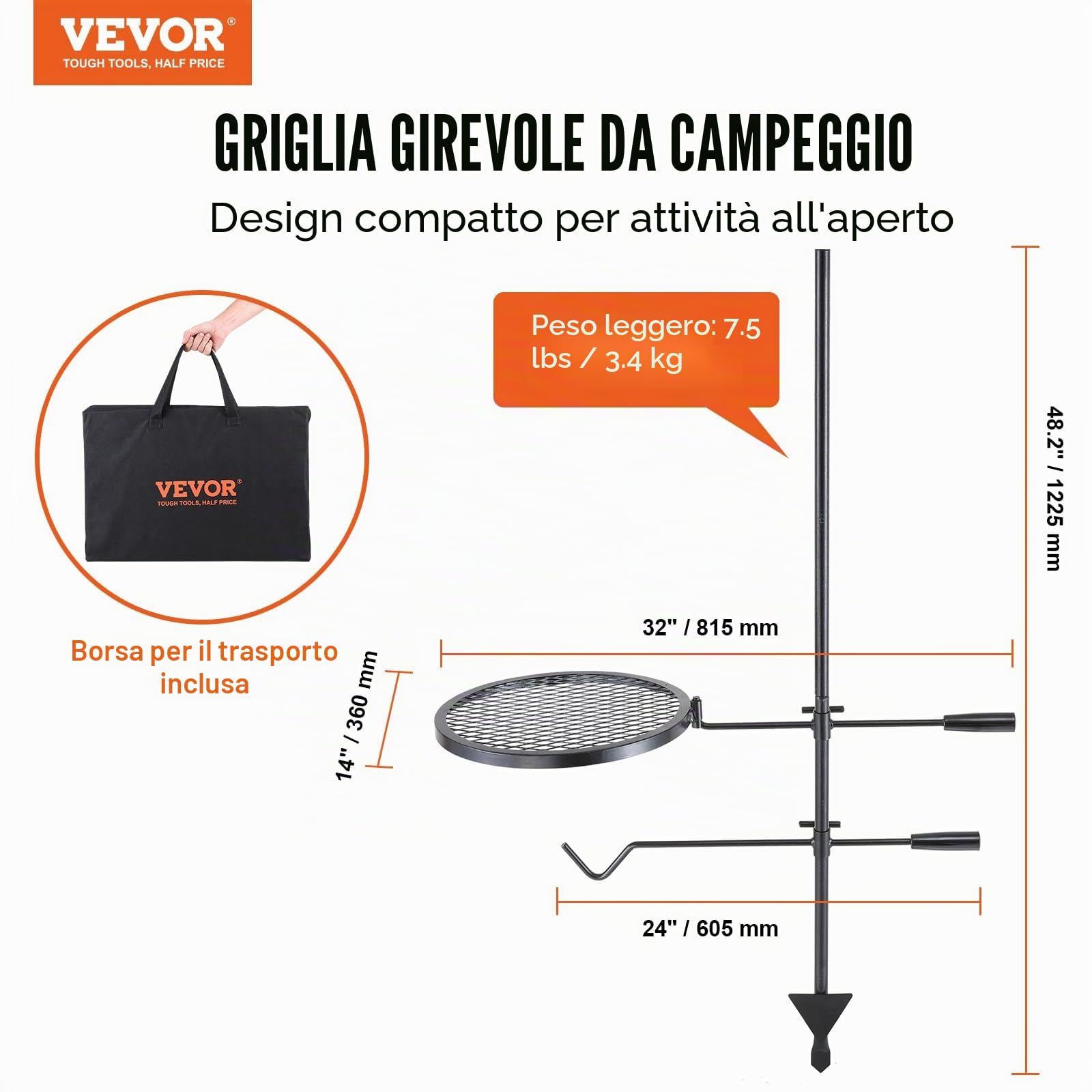 VEVOR Griglia Verticale Girevole per Fuoco all'Aperto da Campeggio Temperatura Max. 300 ℃, Griglia per Cottura su Fuoco Verticale da Campeggio Attività Esterno Altezza Regolabile Capienza Max. 6 kg