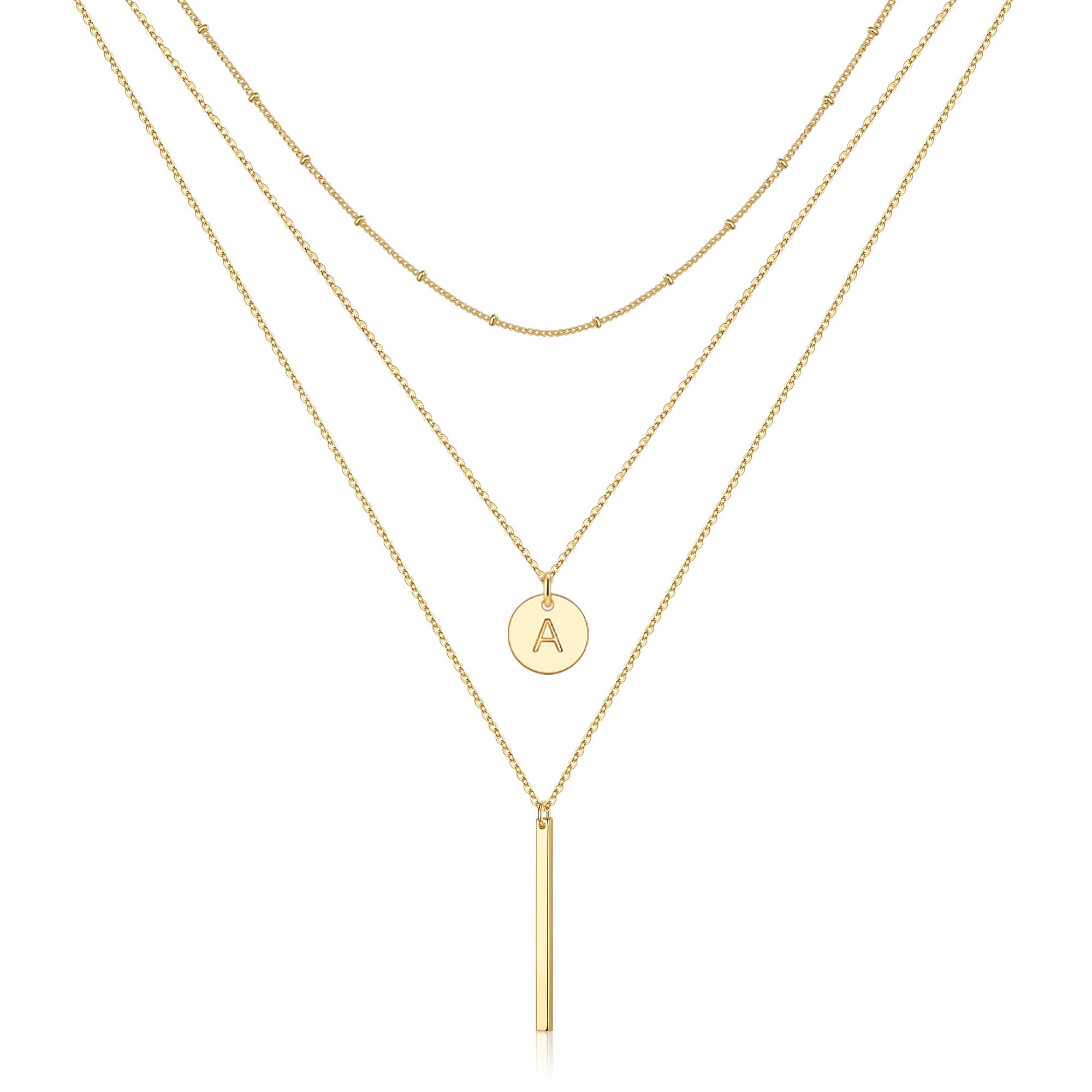 - Initial Layered Necklaces for Women, 14K-Gold-Plated Coin Letter Necklace Bar Stacking Layer Necklace Multi Bar Layering Y-Necklaces Jewelry for Women