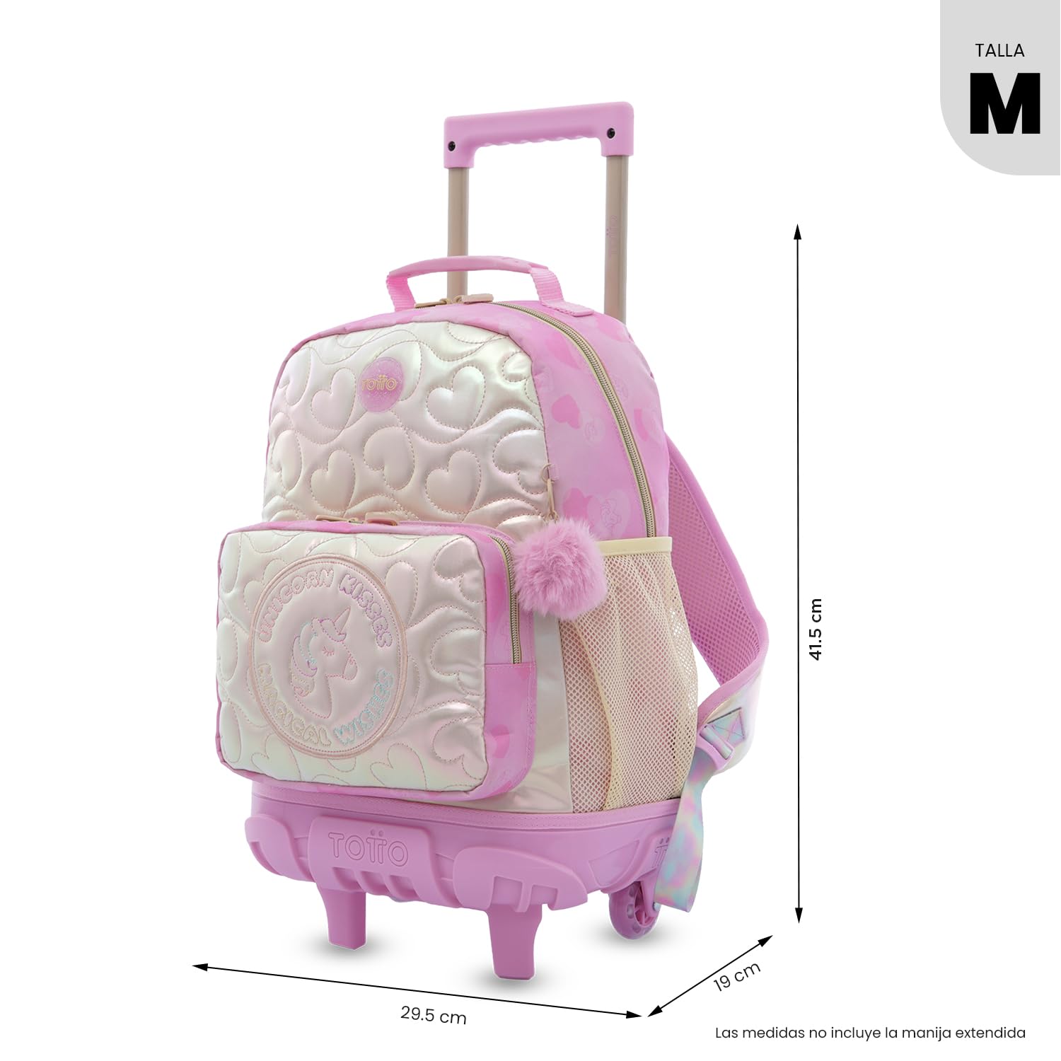 TOTTO - Mochila Escolar con Ruedas, Modelo Unicorn Kisses M, Mochila Mediana, Capacidad 23L, Bolsillos Botella, Compartimento Frontal, Protección en la Base, Correas Ajustables, Estampado Rosa
