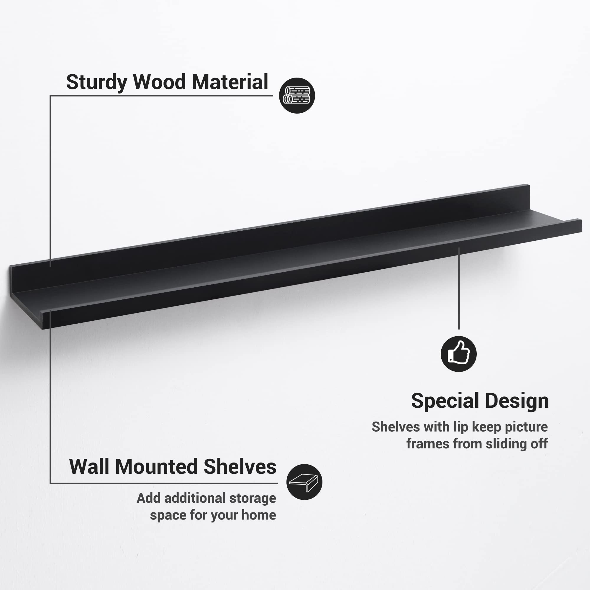 Axeman Floating Shelves Black, 48 Inch Wall Shelves Set of 3, Modern Picture Ledge Shelf Photo Shelves Long Floating Shelves with Lip for Living Room Bedroom Kitchen, Black (3 Different Size)