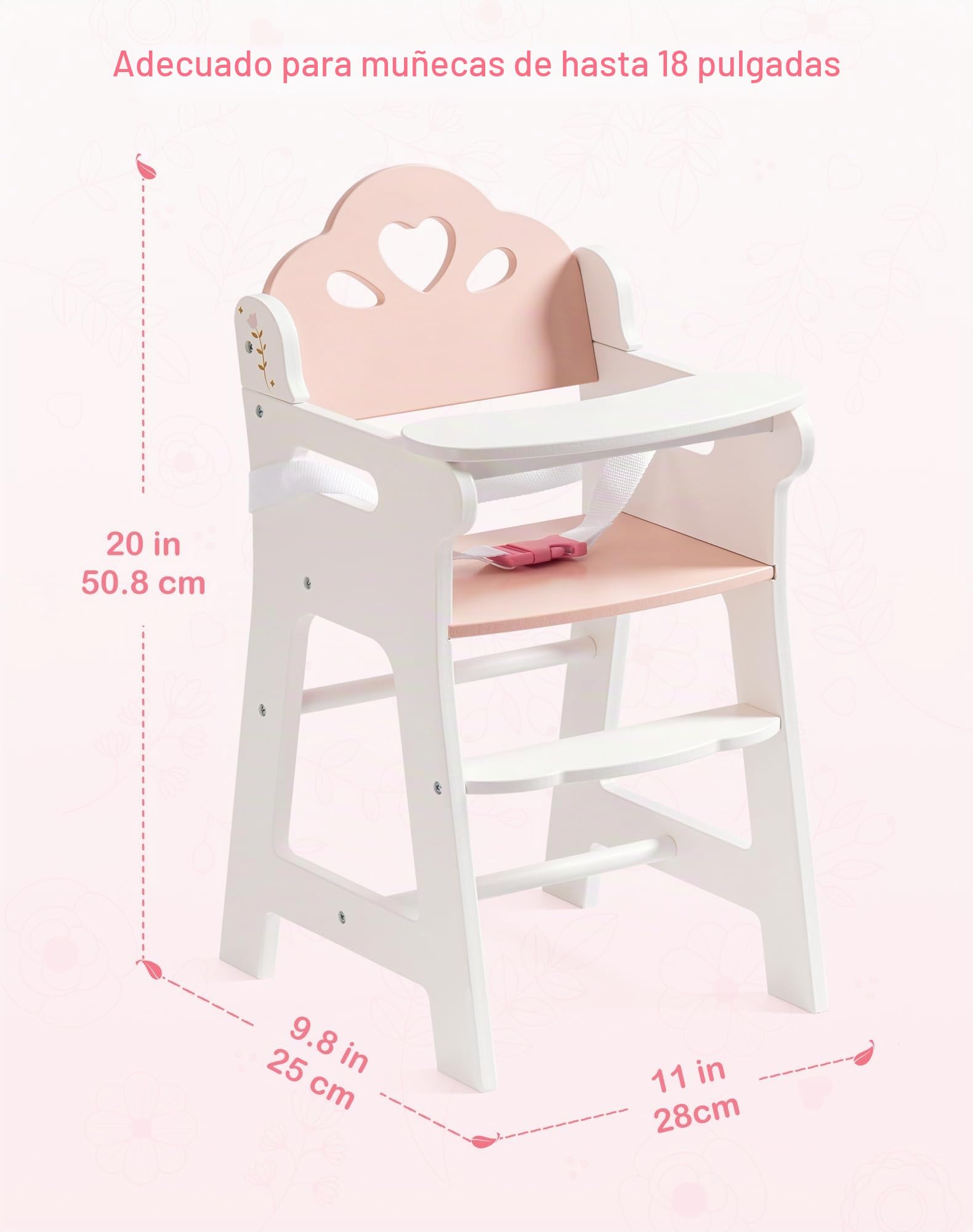ROBUD Silla Alta para Muñecas, Silla Alta de Madera para Jugar con Cinturón de Seguridad Ajustable, Robusto Mueble para Muñecas con Tablero Movible, Apto para Muñecas de hasta 18 Pulgadas, Blanco
