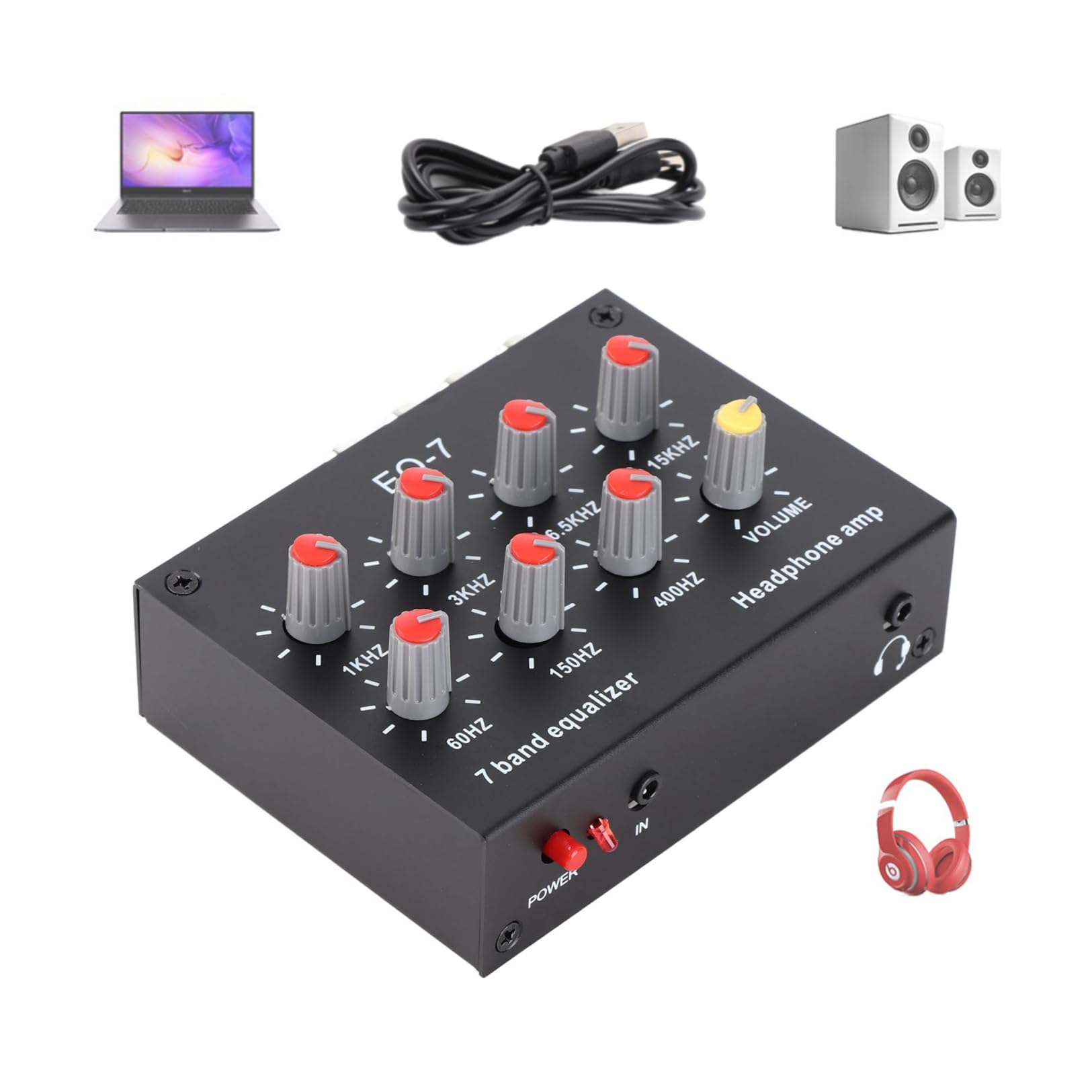 Equalizzatore a 7 Bande, Uscita Ingresso, Regolazione dei Bassi Alti da 12 Db, Equalizzatore Digitale a Doppio Canale con compatibilità Cuffie e Interfaccia da 3,5 Mm,