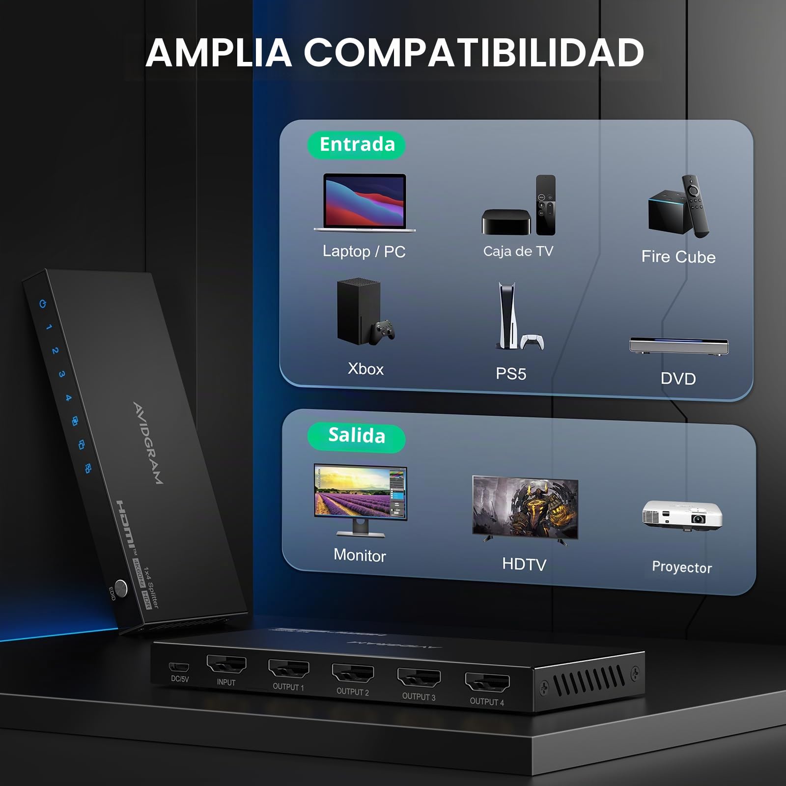 HDMI Splitter 1 in 4 Out 4K 60Hz 4:4:4, AVIDGRAM HDMI Divisor 4 salidas con Copy, Downscaler y Auto Mode para Dual Identical Display Soporte 1080p 120Hz HDMI2.0 HDCP 2.2 HDR10 18Gbps 3D para Xbox, PS5