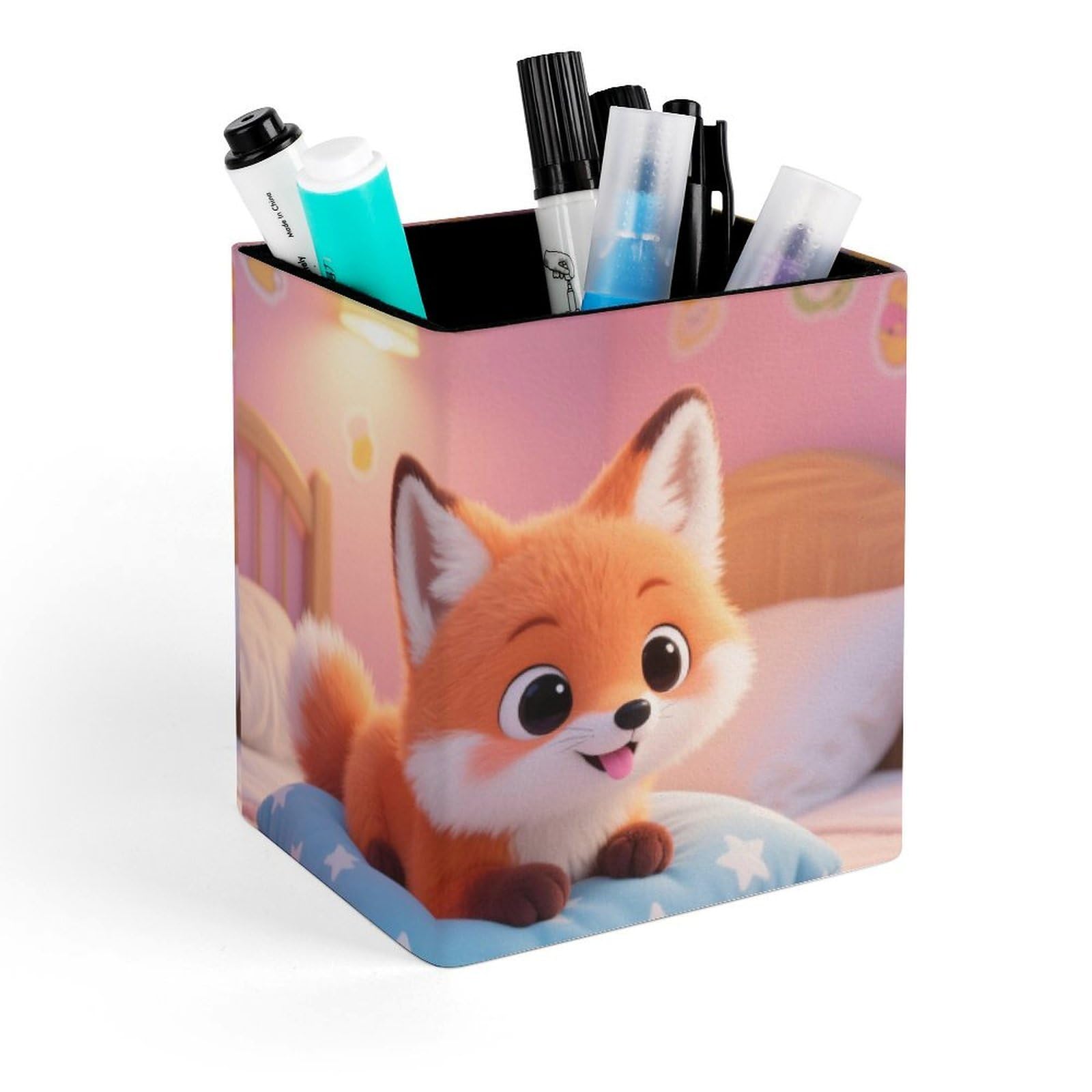 DWVTSLH Aesthetic Pen Holder for Desk - Modern Leather Pencil Holder - Stylish Square Makeup Brush Holder - Cute Fox Pen Cup Cute And Functional Desk Organizer for Office Supplies