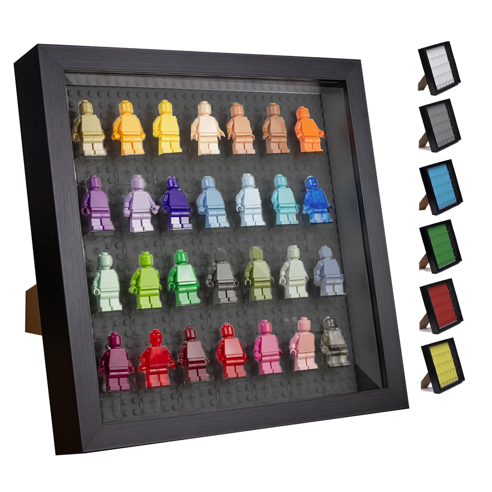 Tapeera Black Wooden Minifigure Display Case - Memorabilia Display Case for Figures - 11 x 11 Inch Shadow Box Frame - Wall and Table Top With Dust Protection - Up To 28 Figures (Black, 4cm Depth)