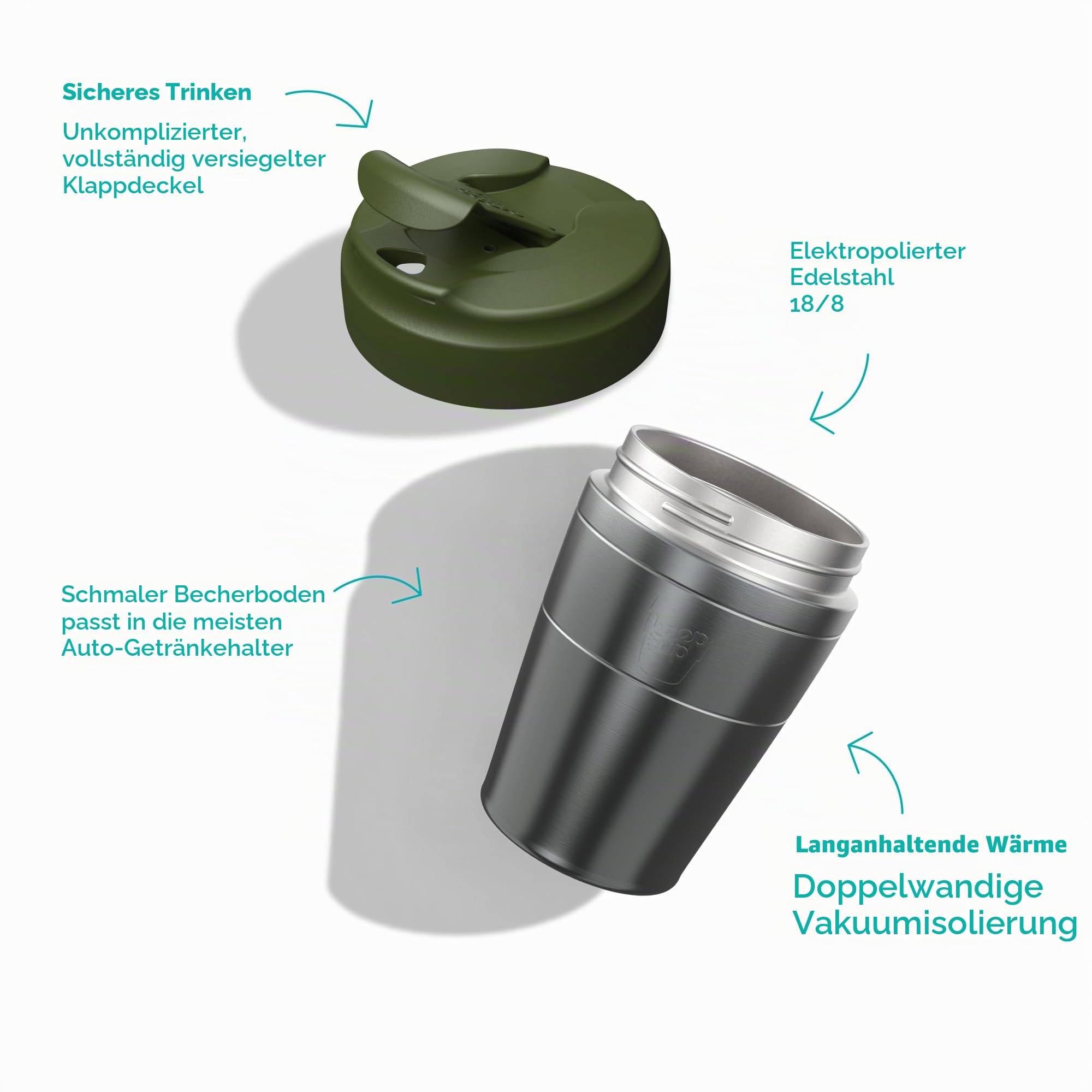 KeepCup Reisebecher für Pendler, isolierter Edelstahl, wiederverwendbar, mit auslaufsicherem Klappdeckel, 340 ml, Schwarz