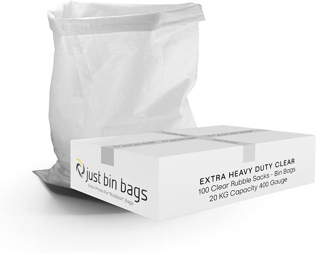 100x Extra Heavy Duty Clear Rubble Sacks | 20kg Capacity | 400 gauge- 100 Micron | Strong Waste Bag