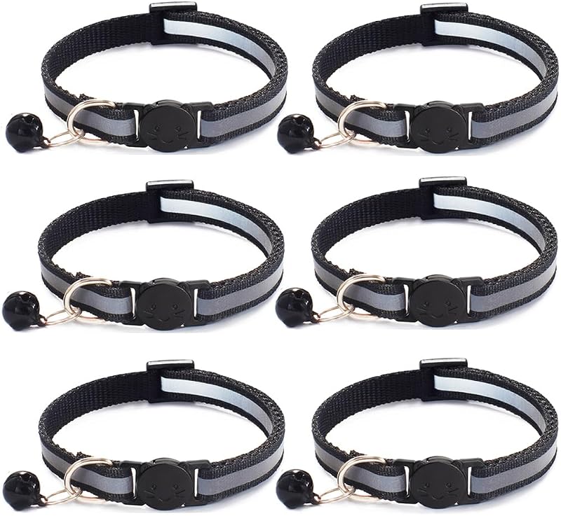 Coleira refletiva para gatos com sino e fivela de segurança ajustável Jigichu, nylon preto, 19–32 cm, pacote com 6
