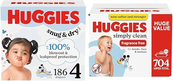 Snug & Dry Bundle: Huggies Snug & Dry Baby Diapers, Size 4 (22-37 lbs), 186 Count & Huggies Simply Clean Unscented Baby Wipes, 11 Flip-Top Packs, 704 Count (11 Packs of 64)