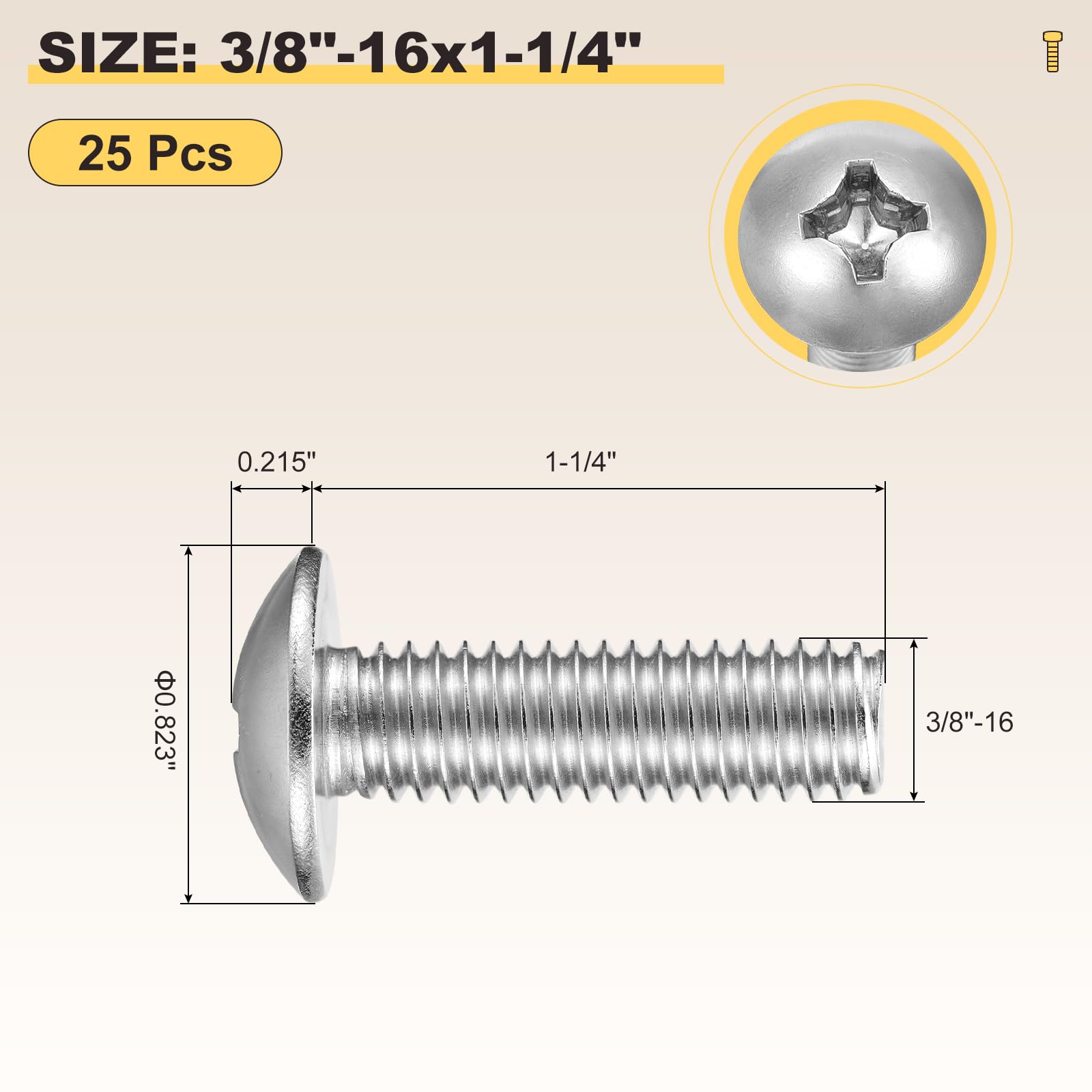 METALLIXITY Machine Screws Phillips Head(3/8"-16x1-1/4") 25Pcs, 304 Stainless Steel Round Head Phillips Drive Furniture Bolts - Image 2