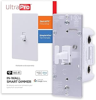 UltraPro Wi-Fi Smart Dimmer, 2.4GHz Wi-Fi, QuickFit & SimpleWire, 3 Way Dimmer, Works with Alexa, Google Assistant, SmartThings, No Hub Needed, UL Certified, Needs Neutral Wire, White, 1 Pack, 51427