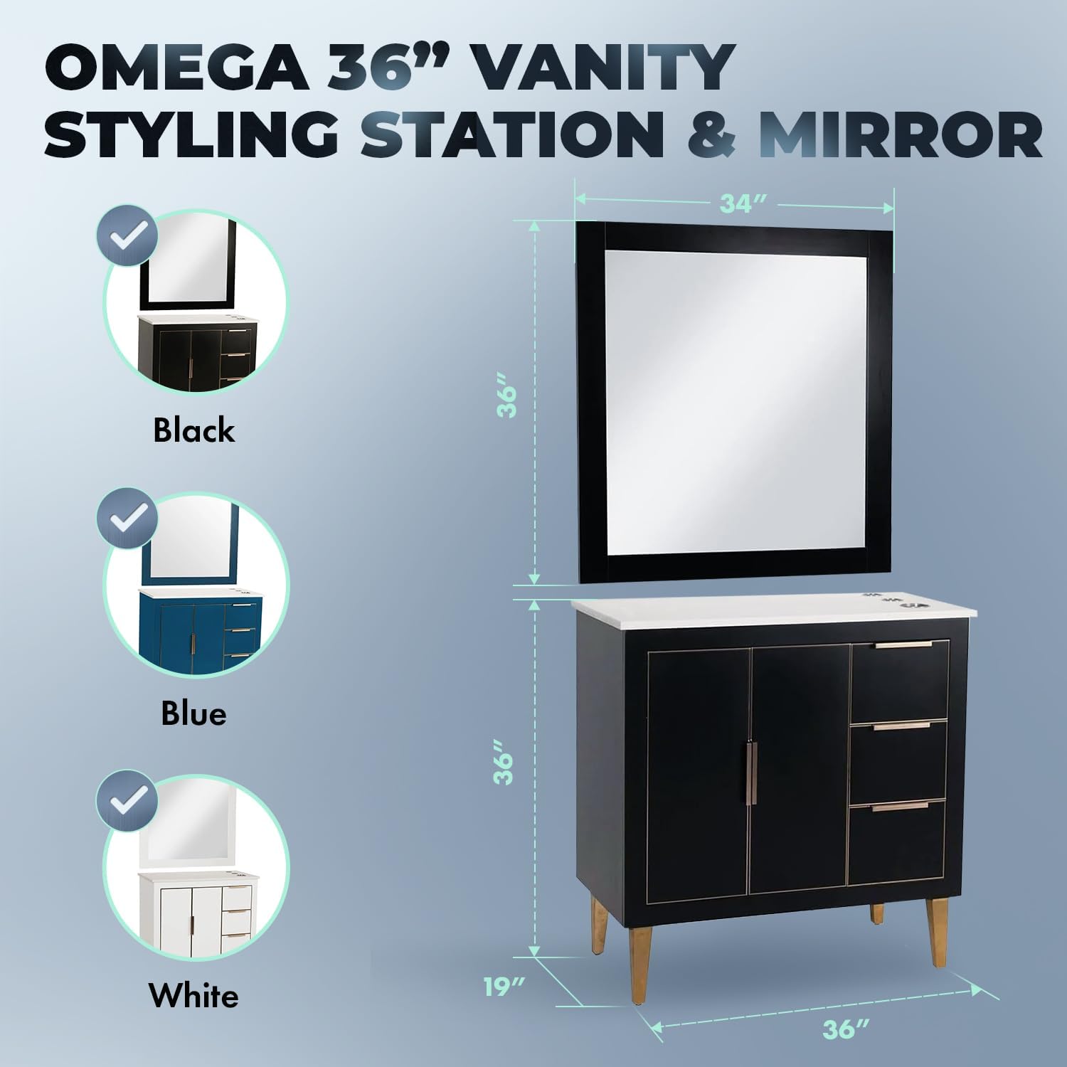 Buy-Rite Omega 36” Vanity Styling Station & 34"x36" Mirror - Solid Wood, Black Finish, Quartz Top, Gold Trim, Brass Legs, Tool Holders, Fully Assembled Salon Cabinet, HMD-1833-36-BLK