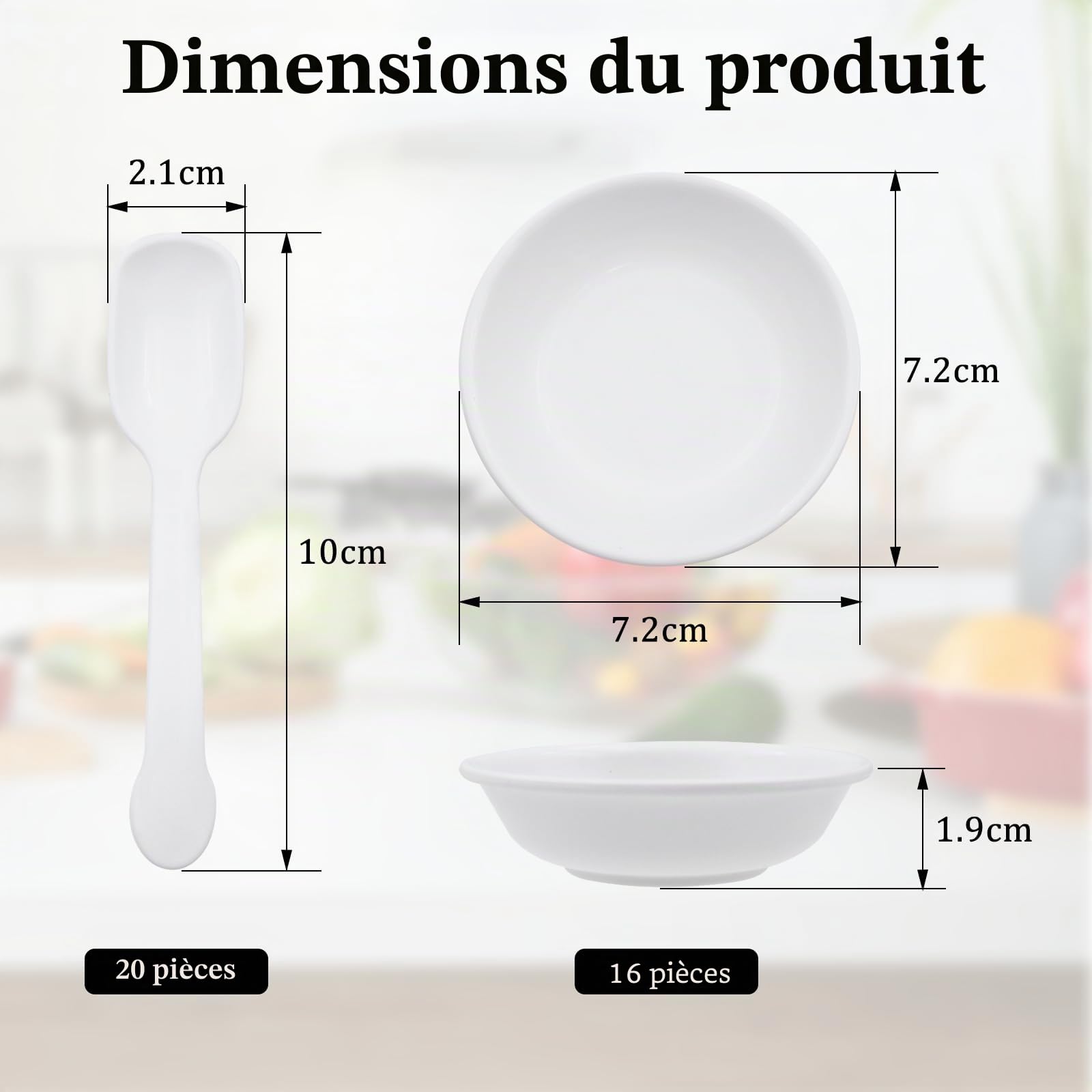 OMJMYY Bols à Sauces 16 Pièces Ronds Plats Sauce Soja 7.2x1.9 cm avec 20 Boules de Glace pour Ketchup Confiture Sauce Fruits et Dessert Blanc