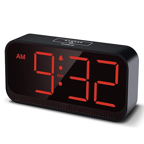 Acedeck Battery Operated Digital Clock: Cordless Small Alarm Clock for Bedroom Travel - Large Numbers 4 Dimmers for All Ages Red Digits - Red