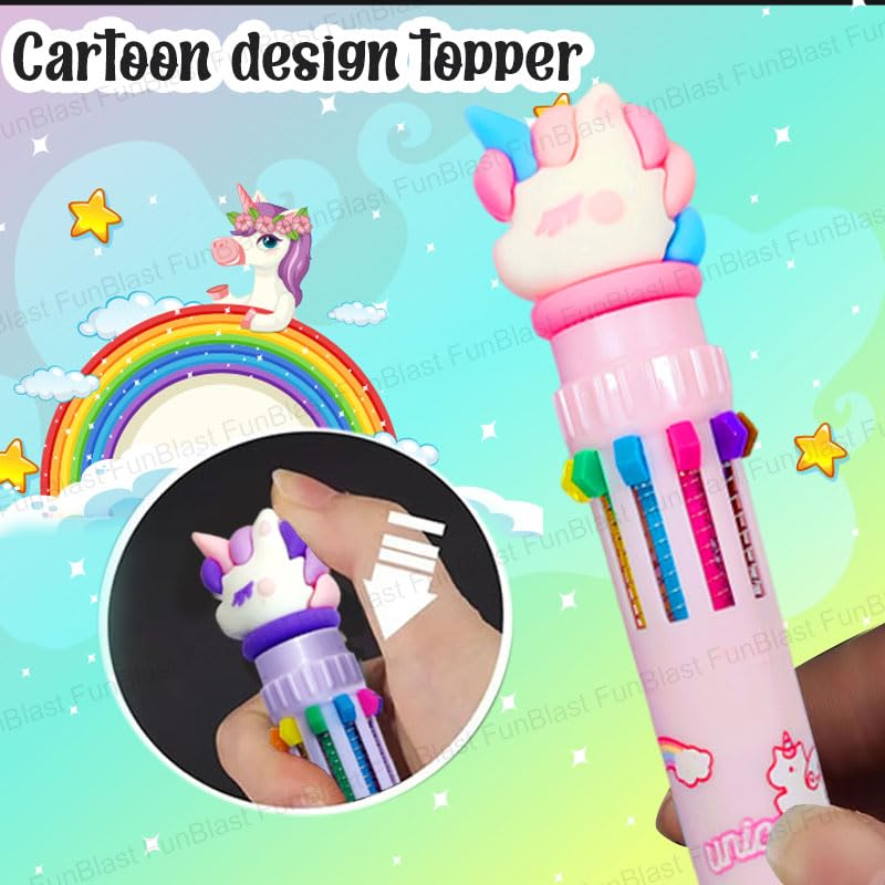Image of FunBlast 10 In 1 Ball Pens for Writing - Cartoon Design Lightweight Ball Pen with Comfortable Grip for Extra Smooth Writing, Stationery for School & Office, Birthday Return Gift (Unicorn)