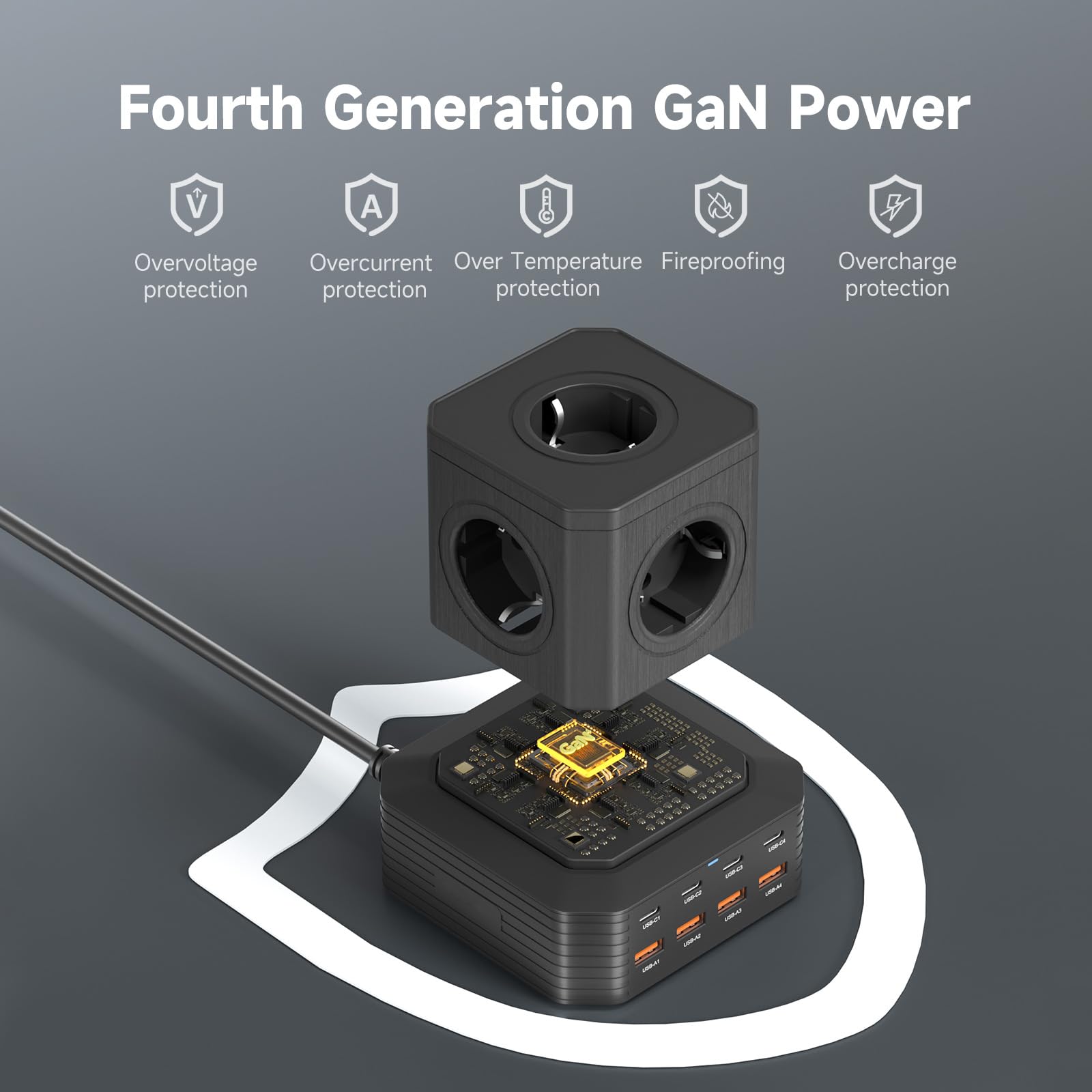 Cable de extensión eléctrica con 8 Puertos USB de Carga rápida, 100 W PD3.0 | Cable de extensión eléctrica con 8 puertos USB de carga rápida, 100 W PD3.0