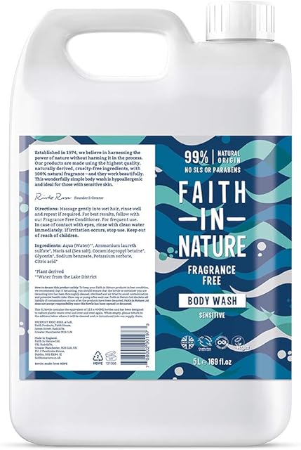 Faith In Nature Natural Fragrance Free Body Wash, Sensitive, Vegan and Cruelty Free, No SLS or Parabens, 5 L Refill Pack