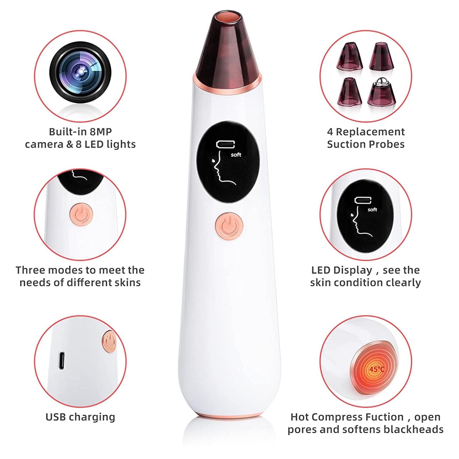 Herramienta de succión de puntos negros – Aspirador de poros para eliminar puntos negros, limpiador eléctrico de poros facial, limpiador de poros faciales, herramienta extractora de puntos blancos de