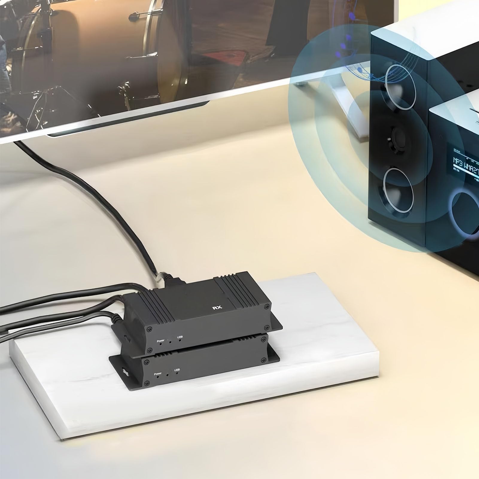 Jiawu Przedłużacz USB KVM, Zestaw Przedłużacza HDMI, Transmisja Wideo 1080P 60 Hz Przez Kabel Ethernet CAT5e/6 do 56 Stóp, Funkcja Plug and Play do Sterowania klawiaturą i myszą USB (wtyczka UE)