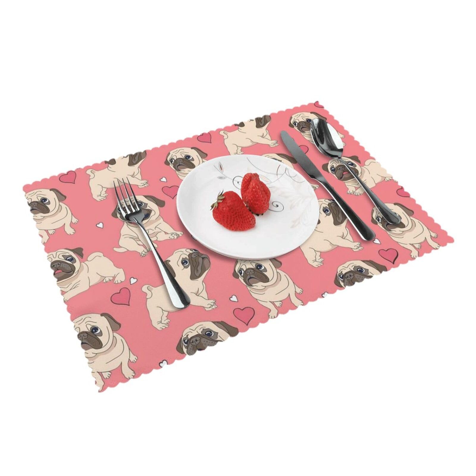 Bnvsadc Funny Cartoon Pug Puppy Dog 4 Pcs Heat Resistant Placemat 45X30 Cm, Printed Non-Slip Place Mats For Kitchen Dining Table Indoor Outdoor