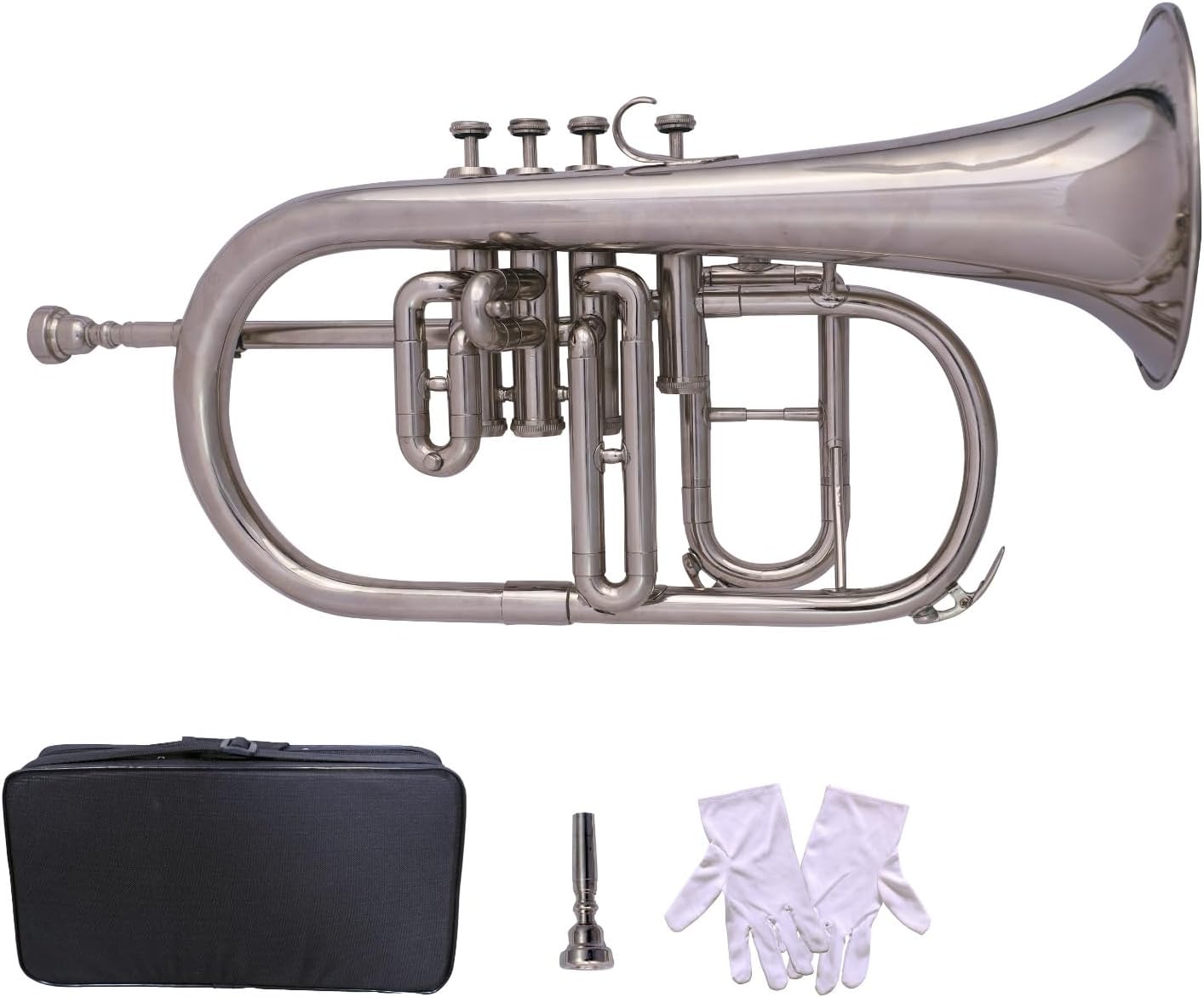 4 Valve Flugel Horn With Mouthpiece And Hard Case For School Band Silver Flugel Horn BB Pitch Brass Musical Instrument For Orchestra Beginners Professionals For Kids Adults
