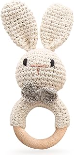 TUOWITA Handcrafted Crochet Bunny Wooden Baby Rattle with Teething Ring - Beige Rabbit Newborn Toy & Gift