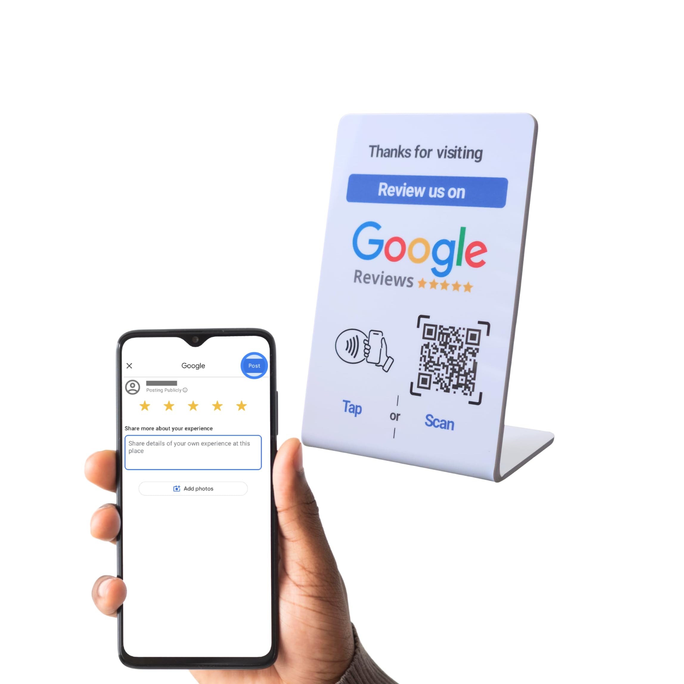 NFC Tap Google Review Stand - Boost Customer Feedback with Tap & Scan QR - No App, No Subscription - Works on iPhone & Android (Size 4.13"x2.75", 1 Pack)